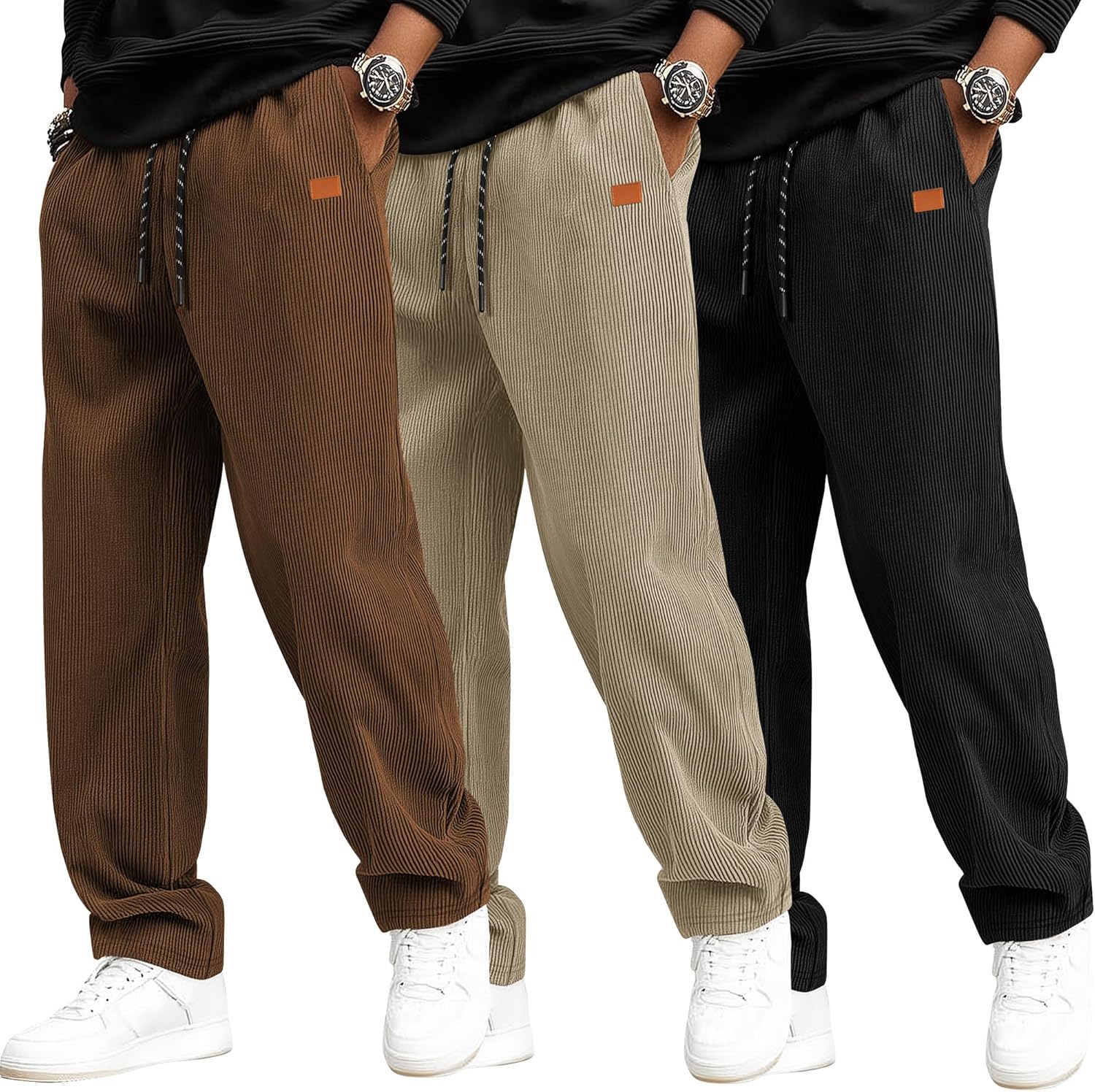 Neer 3 Pack Men's Corduroy Pants, Casual Drawstring Elastic Waist Straight Leg Loose Fit Baggy Sweatpants with Pockets