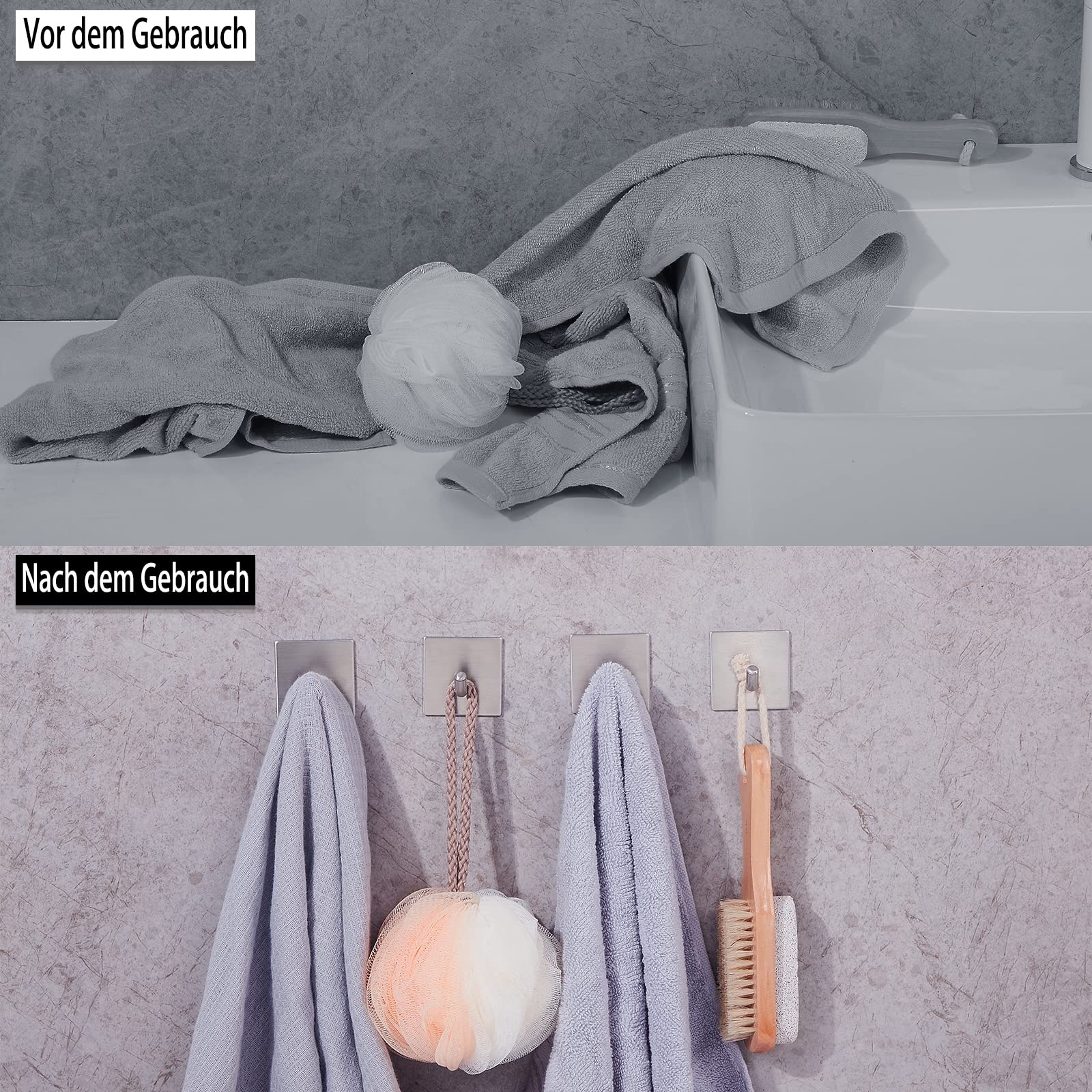 FOMANSH Selbstklebender Haken, Handtuchhaken ohne Bohren, starker rostfreier Edelstahl Wandhaken, Halter am Wand, Aufbewahrung für z.B. Schlüssel Handtuch Kleid, für Bad Toilette Küche Büro, 4 Packs