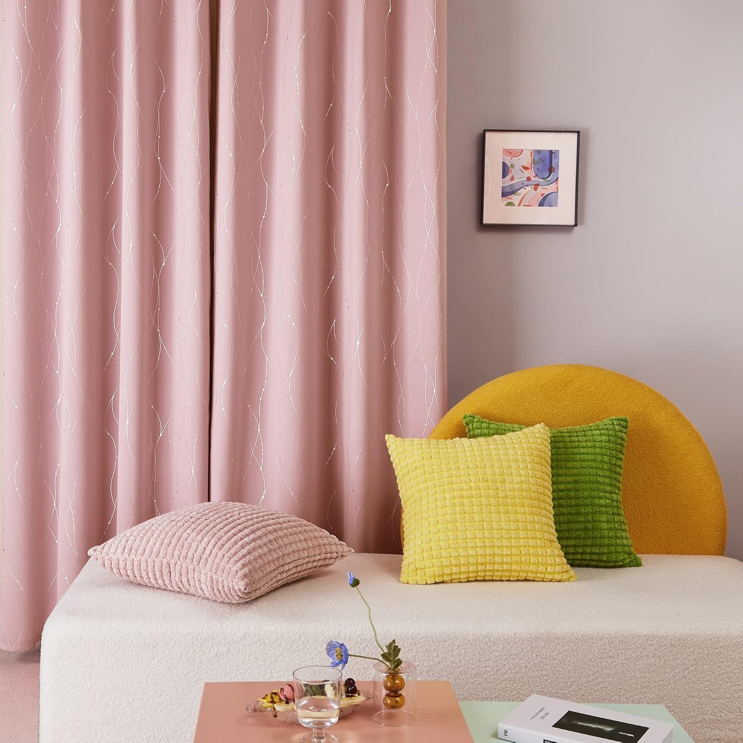 Deconovo Patterned Blackout Pink Curtains, Wave Line with Dots Pattern - Grommet Window Curtains for Little Babys Bedroom (42 x 63 Inch, Coral Pink, 2 Panels) Coral Pink/Silver W42 X L63