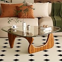 Vista 1 de Mesa de centro para sala de estar, mesa central moderna de mediados de siglo con tapa de vidrio y madera, transparente/nogal