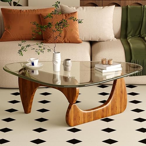 Miniatura 15 de Mesa de café para sala de estar, mesa central moderna de mediados de siglo con tapa de vidrio y madera, marrón/nogal marrón,