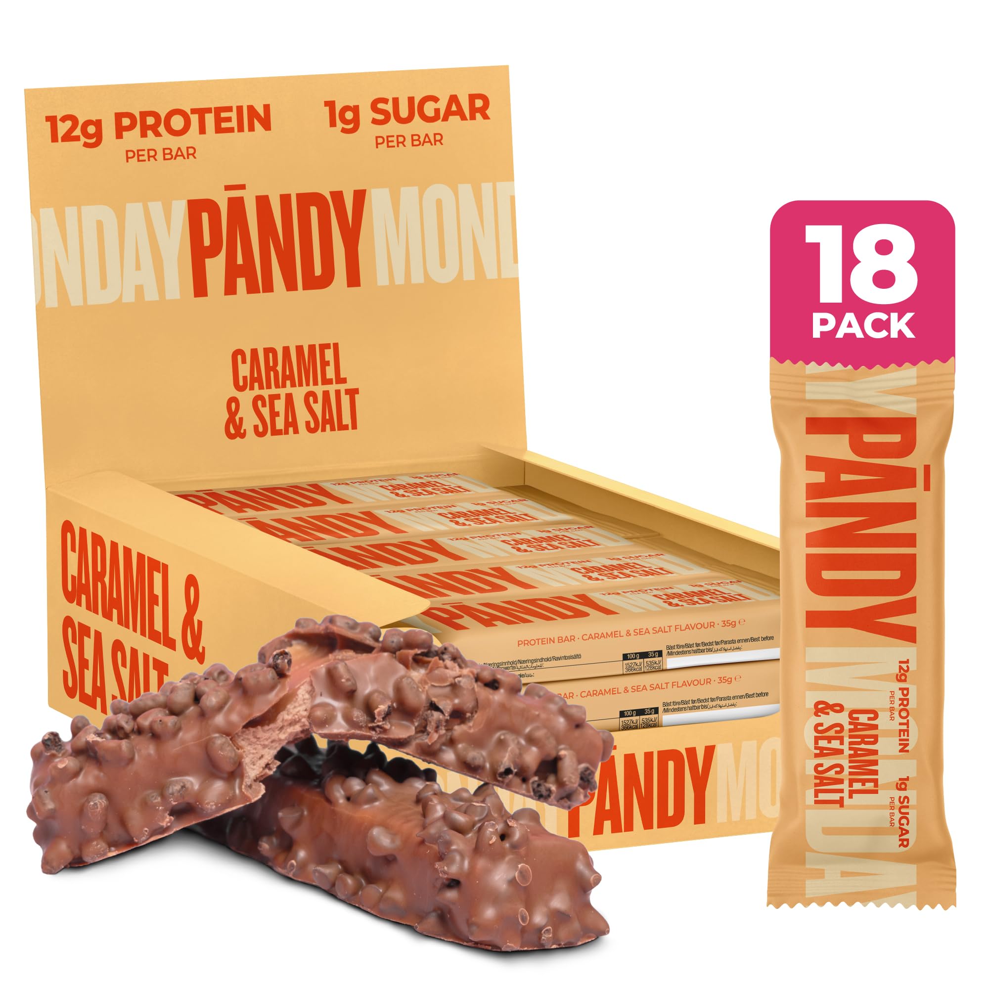 Pändy Protein Riegel ohne Zucker (nur 1g) - 18x Caramel Sea Salt - Ohne "Protein-Nachgeschmack" - High Protein Bar (12g Eiweiss) - Proteinriegel - Eiweißriegel ideal als kalorienarme, gesunde Snacks
