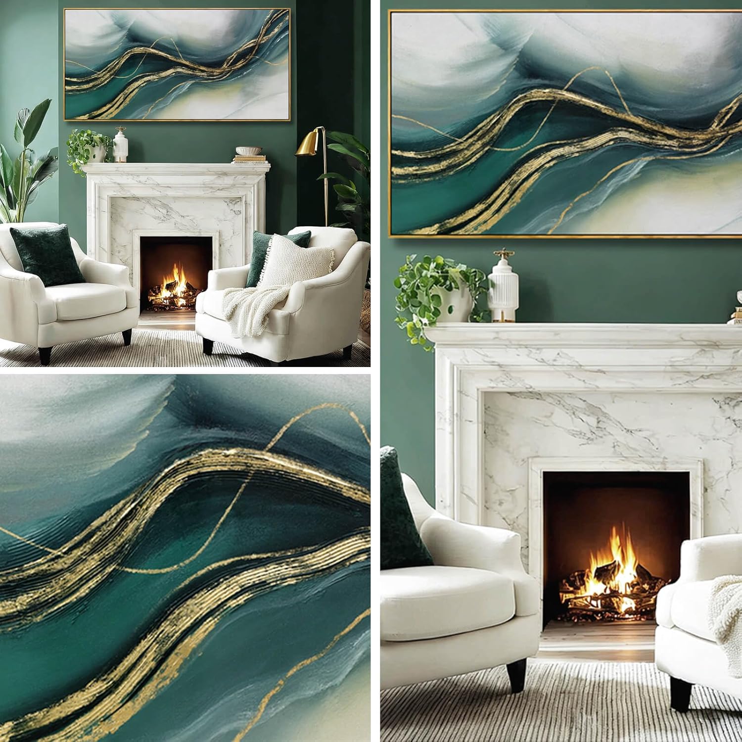 Green and Gold Abstract Wall Painting 29x58 Inch, Large Framed Canvas Artwork with Wooden Frame, Contemporary Home Accents for Bedroom Dining Room or Hallway - Image 8