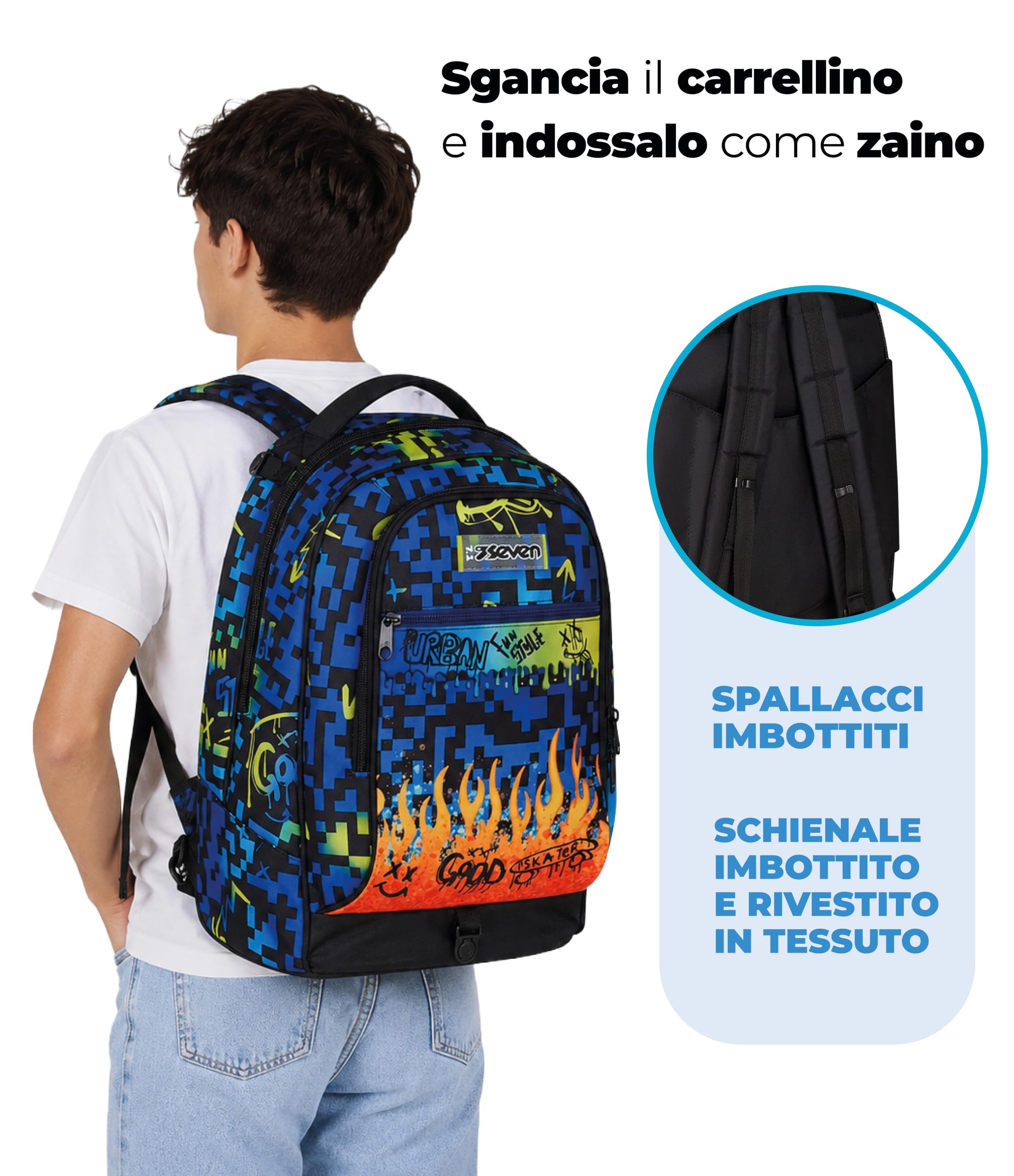 Seven Zaino Trolley Scuola Elementare Bambino 3 ruote, Zaino Sganciabile, Doppio Uso, Spallacci a Scomparsa, blu