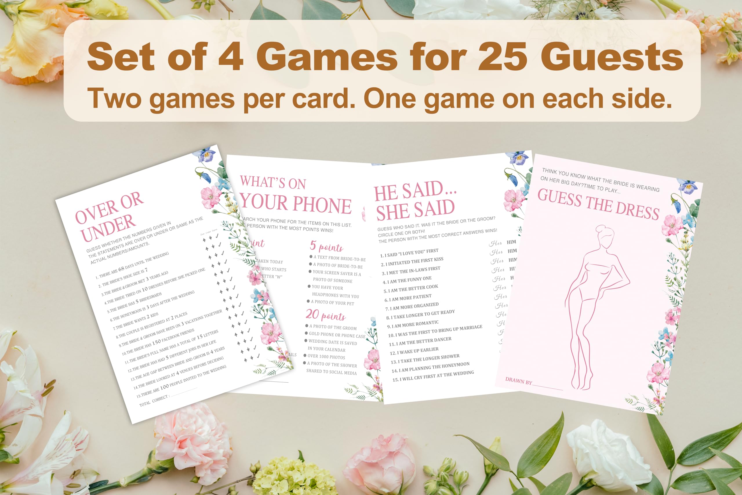 Juego de juegos de despedida de soltera, paquete de 50, tarjetas de juegos florales para bodas, 4 diseños de juegos, decoración de fiesta de recién casados, suministros de juegos de fiesta de