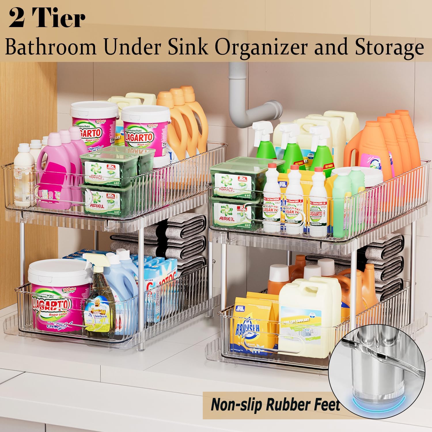 2 Pack Bathroom Cabinet Organizer, 2-Tier Pull Out Bathroom Under Sink Organizers and Storage, Multi-Purpose Kitchen Medicine Pantry Counter Organization with Movable Divider, Clear