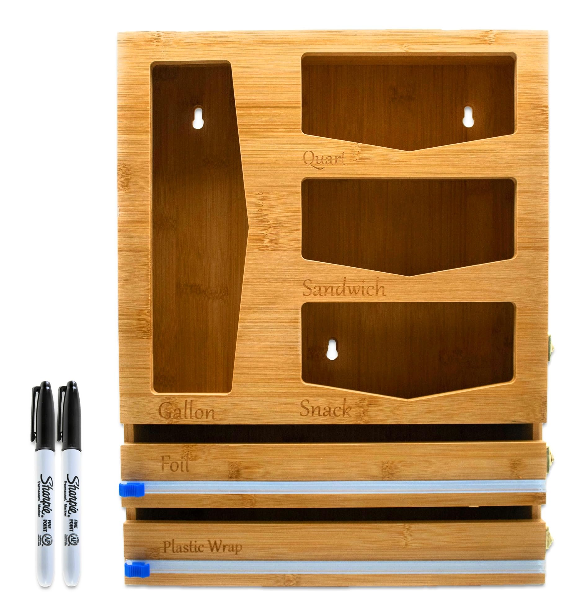 6-in-1 Bamboo Ziplock Bag Organizer For Drawer - Organize Your Kitchen with wooden Ziplock bag storage organizer for kitchen drawer to Organize food Bag, sandwich bag, Foil & Plastic Wrap