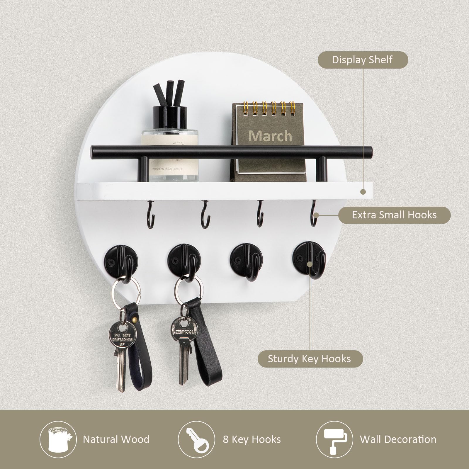 Nekon Key Holder for Wall - 9.8 Inch Apartment Wall Decor with Shelf and 8 Key Hooks, Circular Wood Key Hanger for Home Decor (White) - Image 2