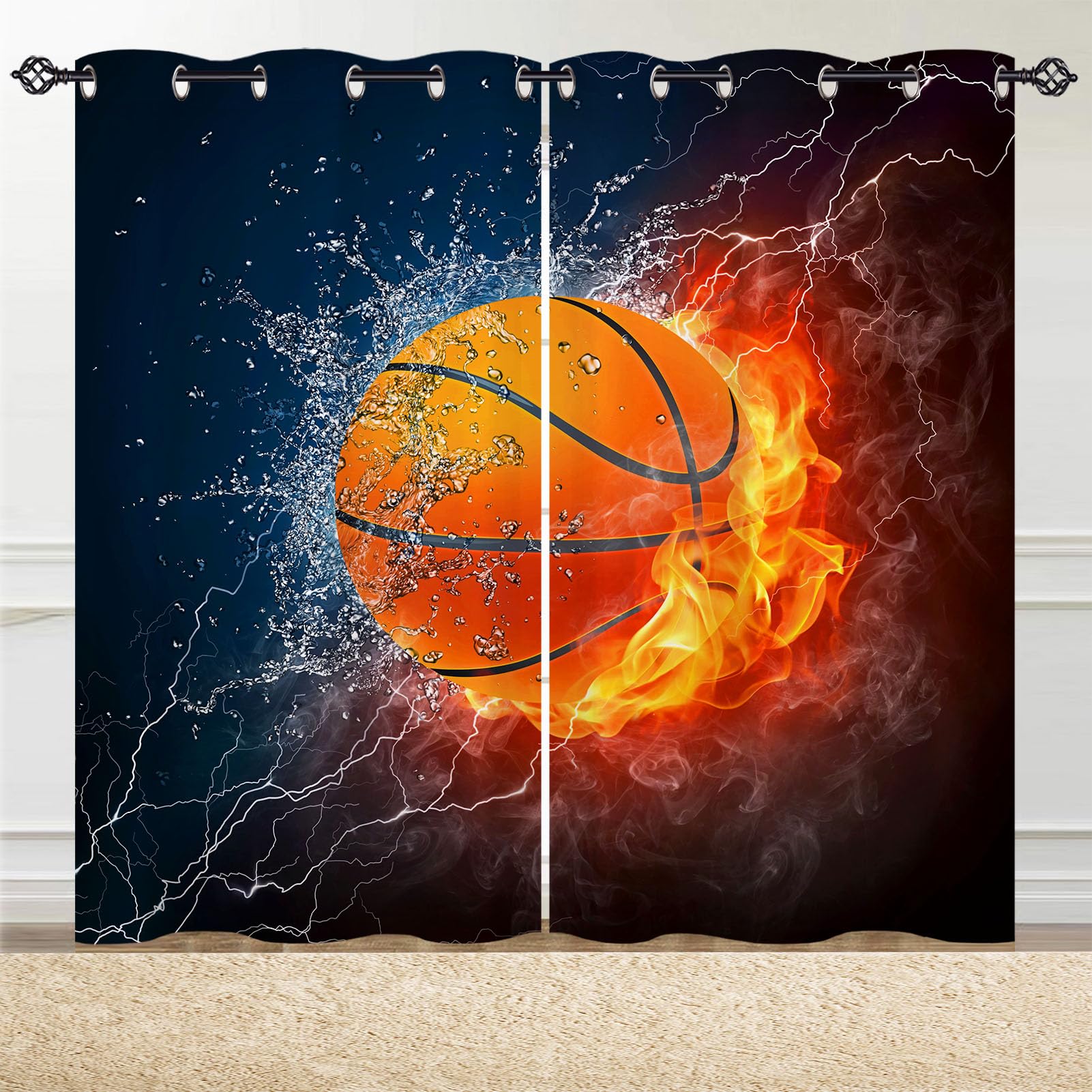 ANHOPE Sport Thema Flamme Basketball Vorhänge mit Ösen Kinder Jungen Mädchen Gardinen Blickdichte Thermo Vorhang Blackout Curtain Schlafzimmer Wohnzimmer Verdunklungsvorhänge 2er Set H 214 x B 117 cm