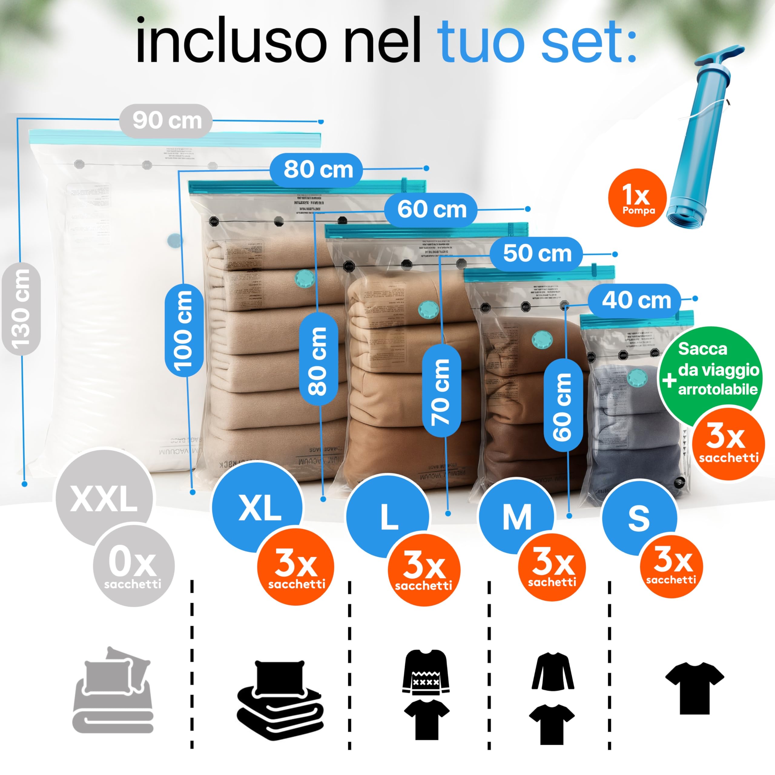 SilverRack XL Jumbo Sacchetti per Sottovuoto per Abbigliamento, Viaggi e Piumini [15 Pezzi] - INCLUSA POMPETTA e ETICHETTE in (3 da 40 x 60 cm (Rotolamento da Viaggio) / 3 da 40 x 60 cm / 3 da 50 x 70