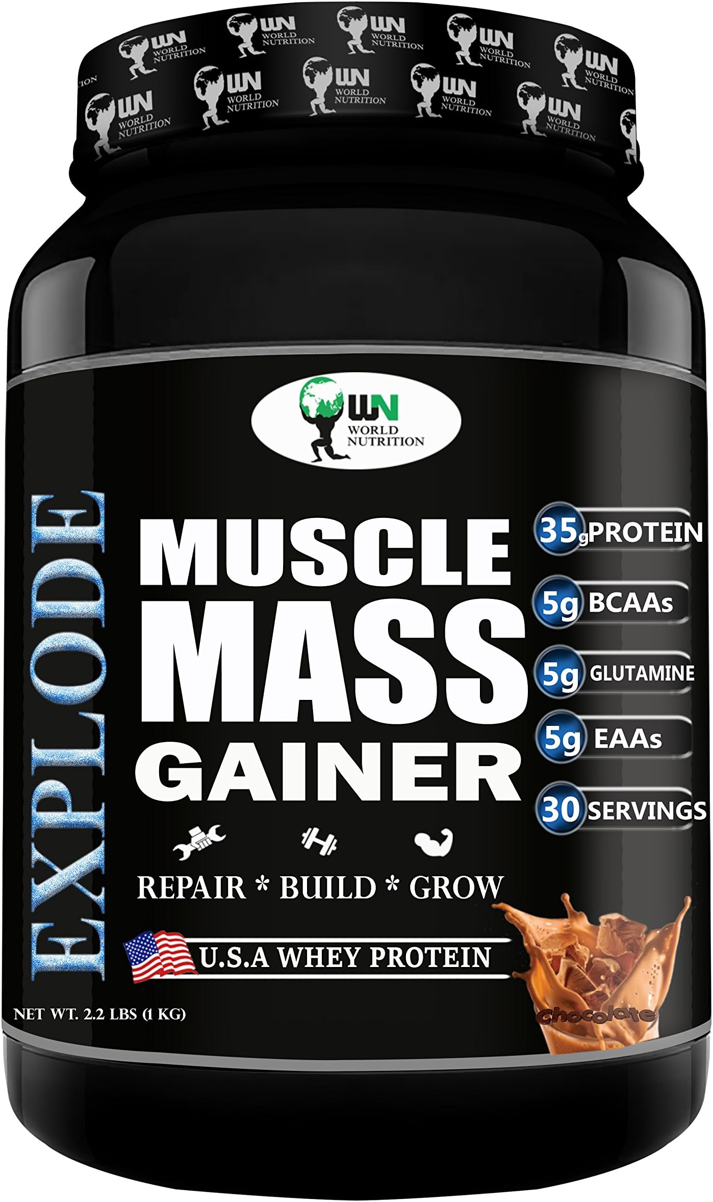 Wn World Nutrition Explode Muscle Mass Gainer Calorie Weight Gainer with Vitamins and Minerals, Vegetarian (Chocolate, 1 Kg)