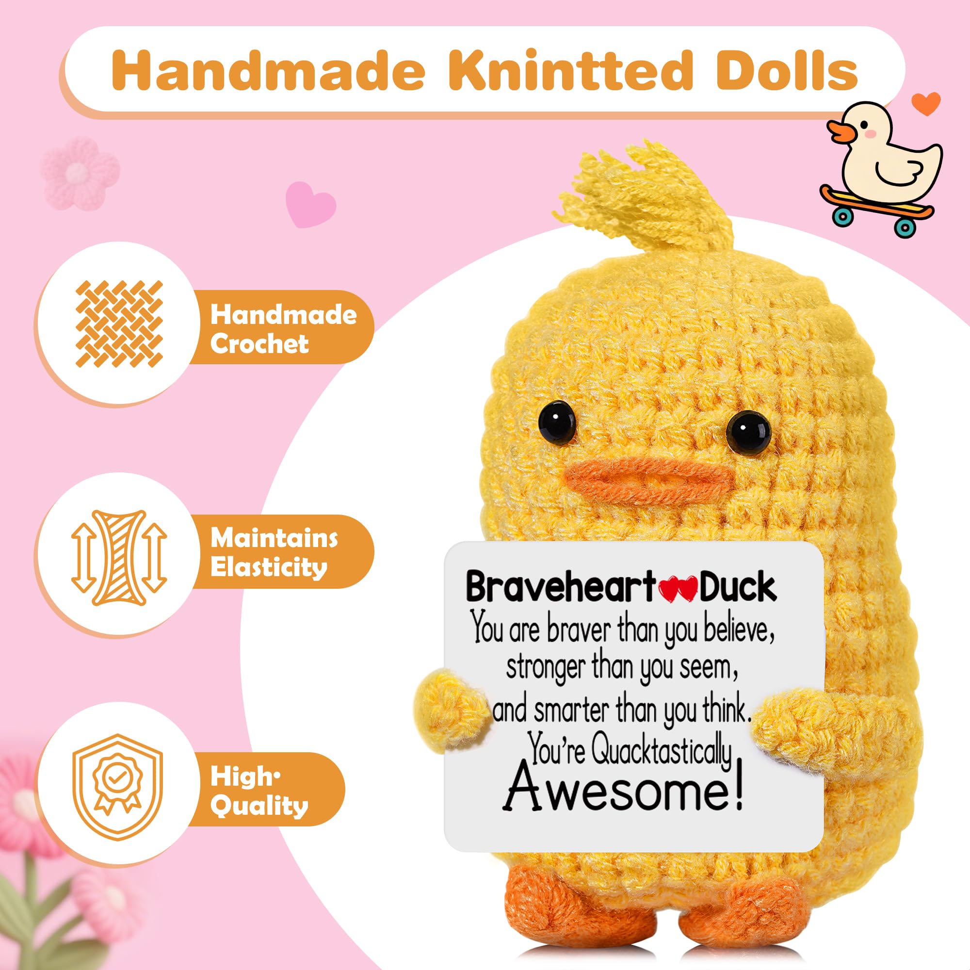 Positive Affirmation Companion Crochet Duck, Inspirational Crochet Animals Stress Anxiety Relief Toys, Handmade Mental Health Gifts for Women Men, Cute Desk Decor for Friends Coworkers Birthday