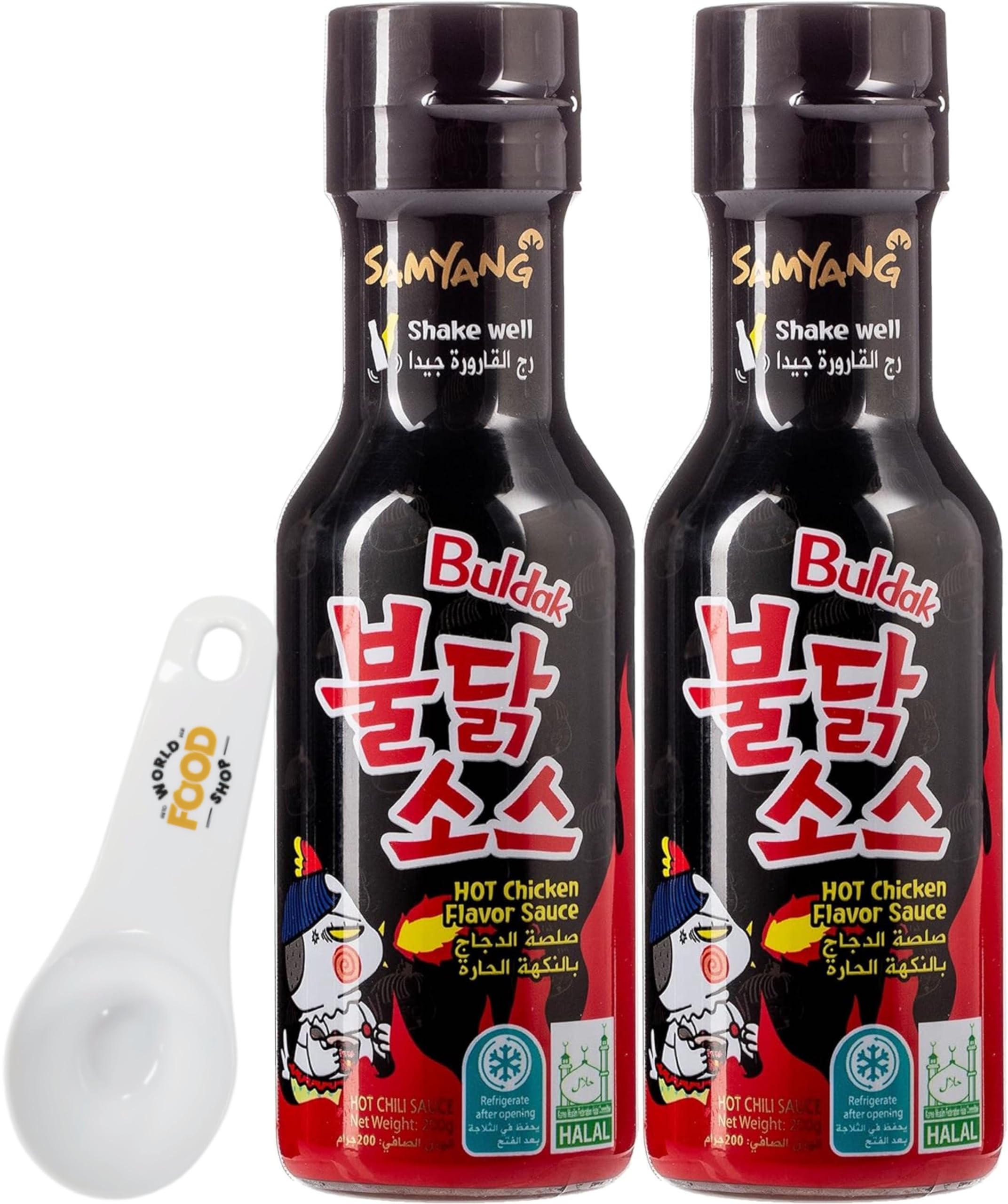 Samyang Hot Chicken Sauce 200g - Pack of 2 Jars with World Food Shop Scoop - Gourmet Hot Sauce - Fiery Flavour - Exquisite Blend of Spices