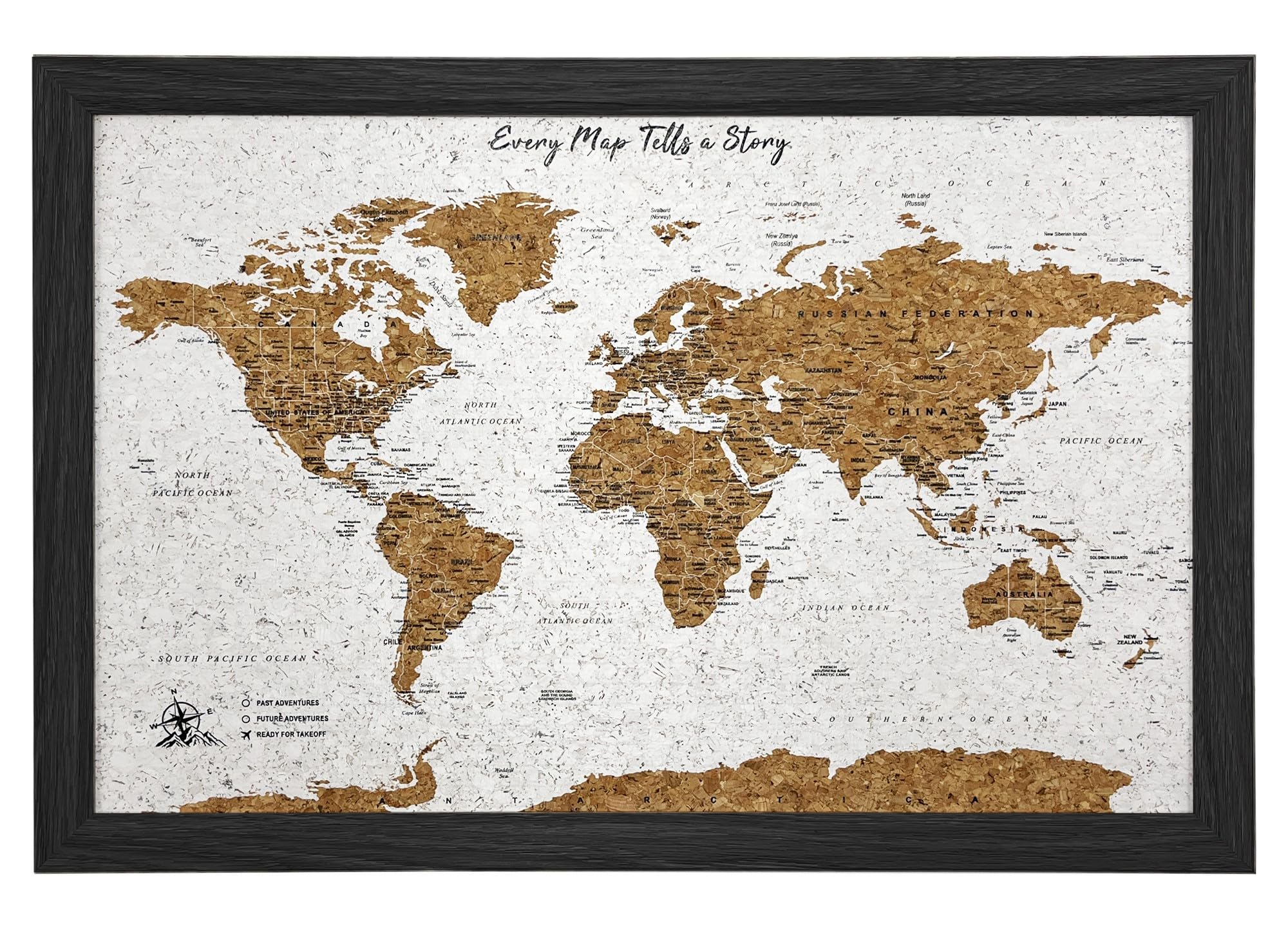 Gleneagles Weltreisekarte & Pinnwand, gerahmte Pinnwand, Kork-Holz-Design, 100 Pinnnadeln im Lieferumfang enthalten, personalisierbar, Wanderlust-Dekoration für Reisende (schwarz)