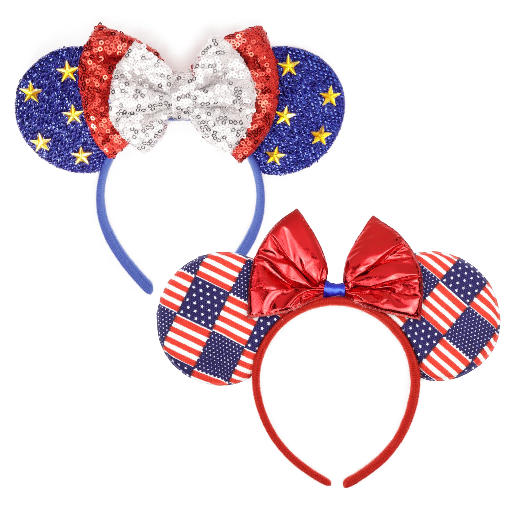 Needzo 4th of July Mouse Ear Headbands, Red White and Blue Hair Accessories, One Size Fits Most (Pack of 2)