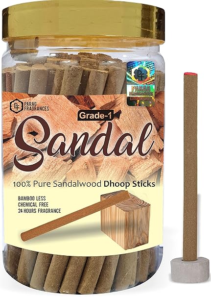 Parag Fragrances Sandalwood Dhoop Sticks/Chandan Dhoop Batti Grade-1 Jar (Pack of 1 x 200Gm) Long Lasting Perfume for 24 Hours Home Fragrance/Meditation/Dhoop for Pooja/Free Dhoop Holder