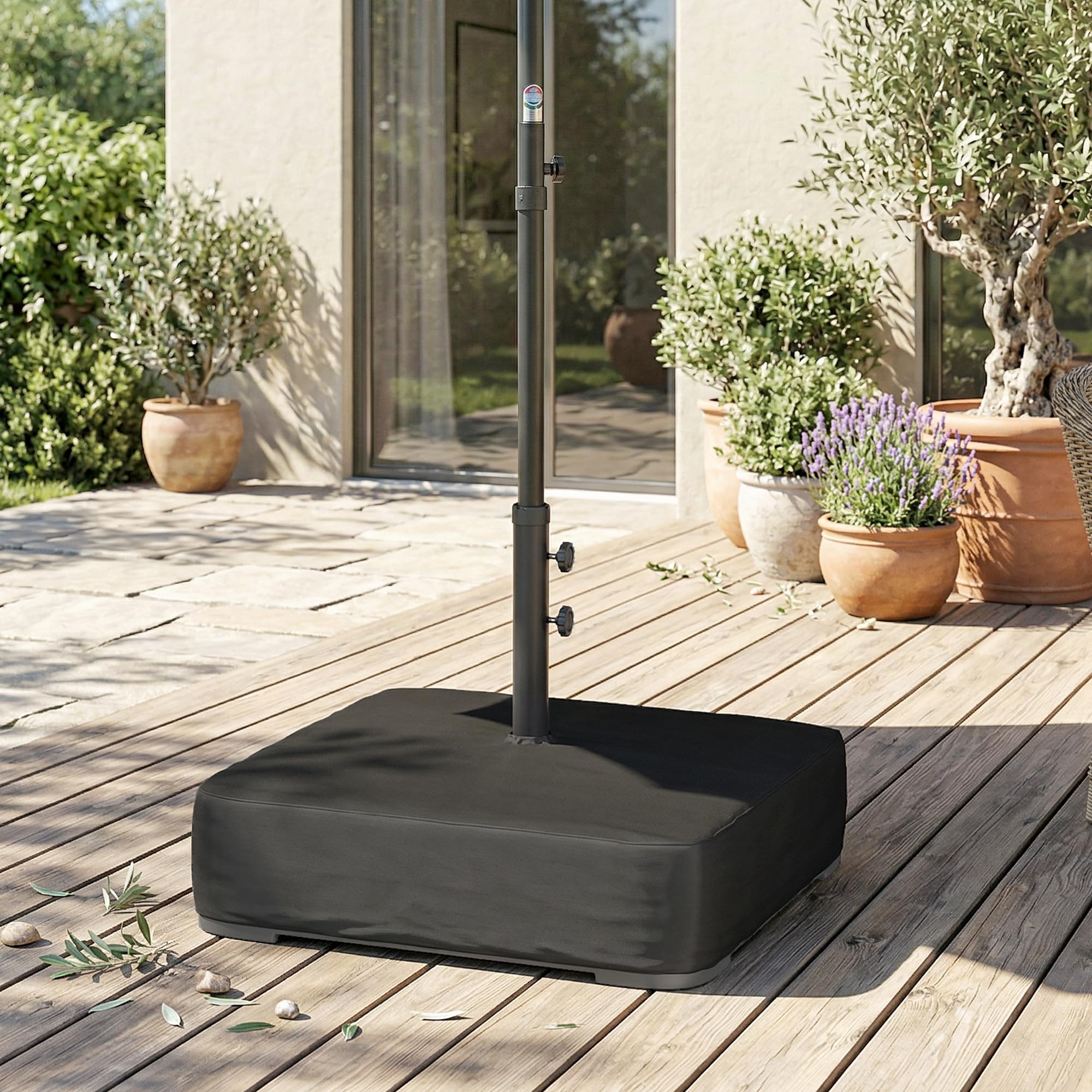 Outsunny Pied de Parasol avec Housse, Socle Parasol extérieur à remplir avec 80kg Sable ou 90kg de Sable Humide, pour mât Ø48mm, Base de Parasol déporté pour Jardin Patio terrasse, 78x78x40cm, Noir