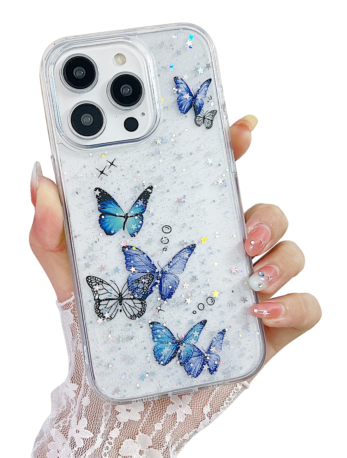 MUNDULEA Compatible with iPhone 12/12 Pro Case Butterfly Purple Clear Women Girls Flexible TPU Stars Sparkle Glitter Anti-...