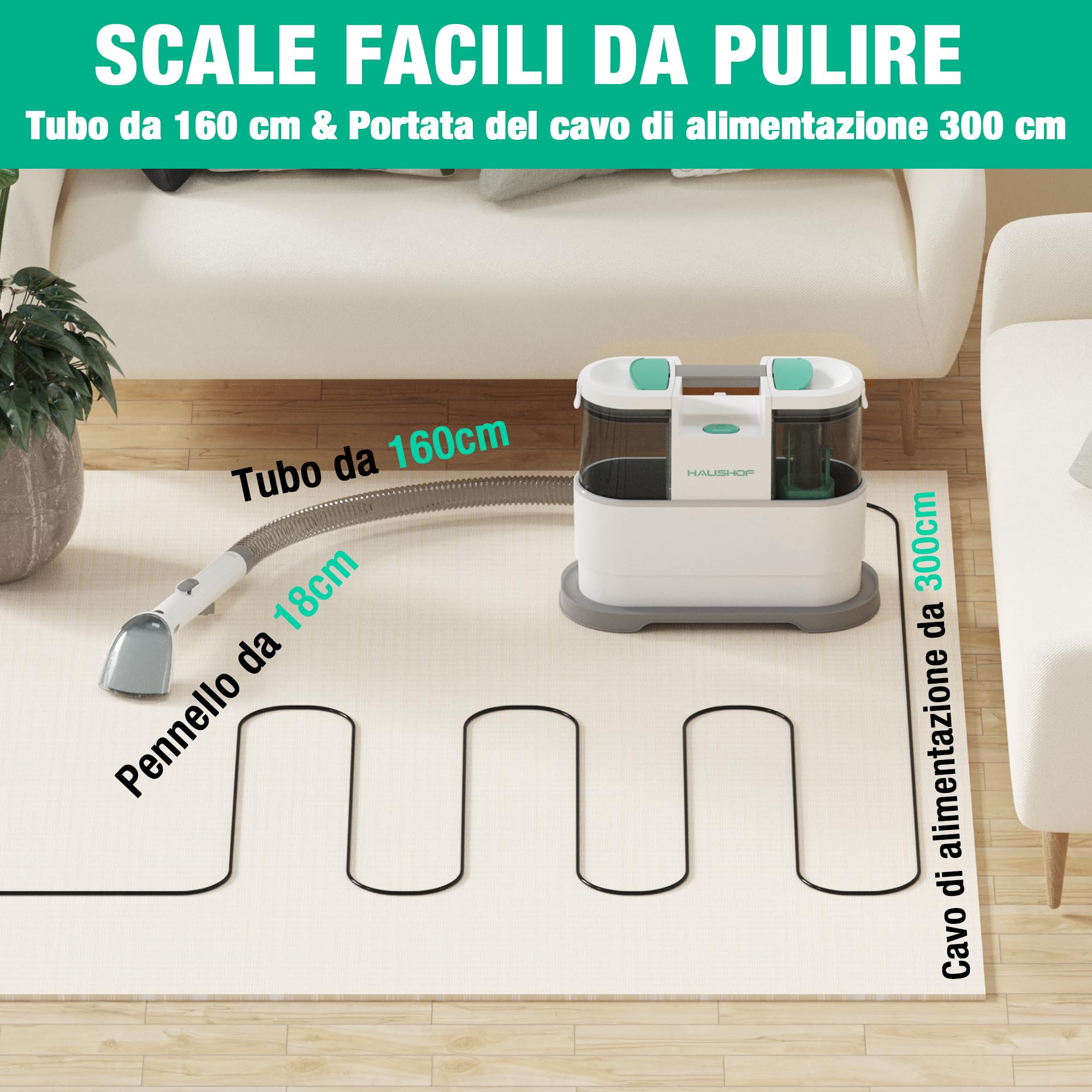HAUSHOF StainZapper Pro - Lavatappeti Portatile 450W 11,5kPa, 1,5L lava tappezzeria ad Acqua con Detergente e Spazzola per Giunti, lava divano per Pulire Divano, Sedili Auto, Moquette e Tappeti
