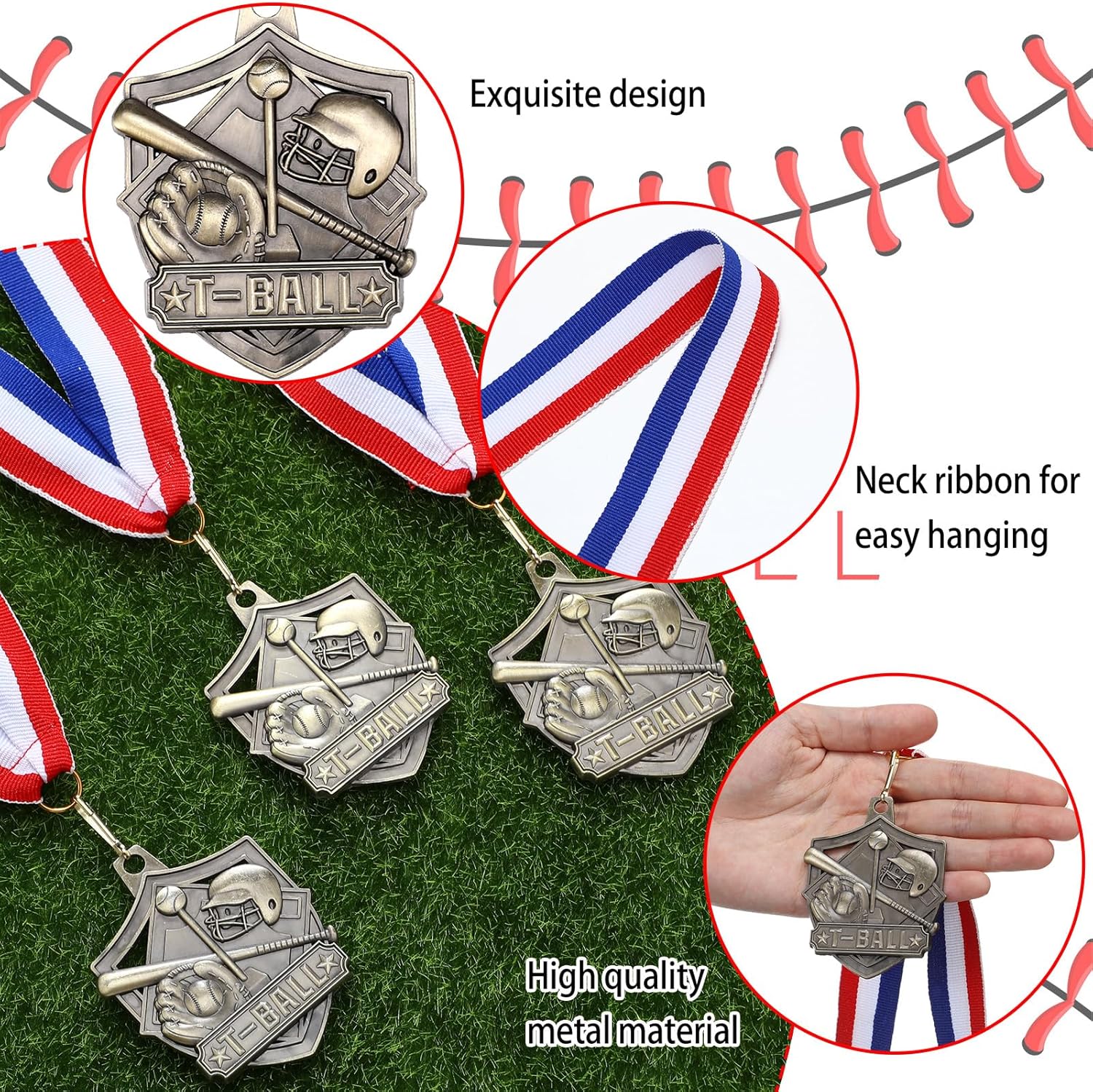 Cunno 24 Pcs Gold T-Ball Medals Bulk 2 Inch Baseball Trophies with Red White Blue Ribbon T-Ball Gifts Winner Encourage Team Participation Medals for Sports Prize League School Competitions