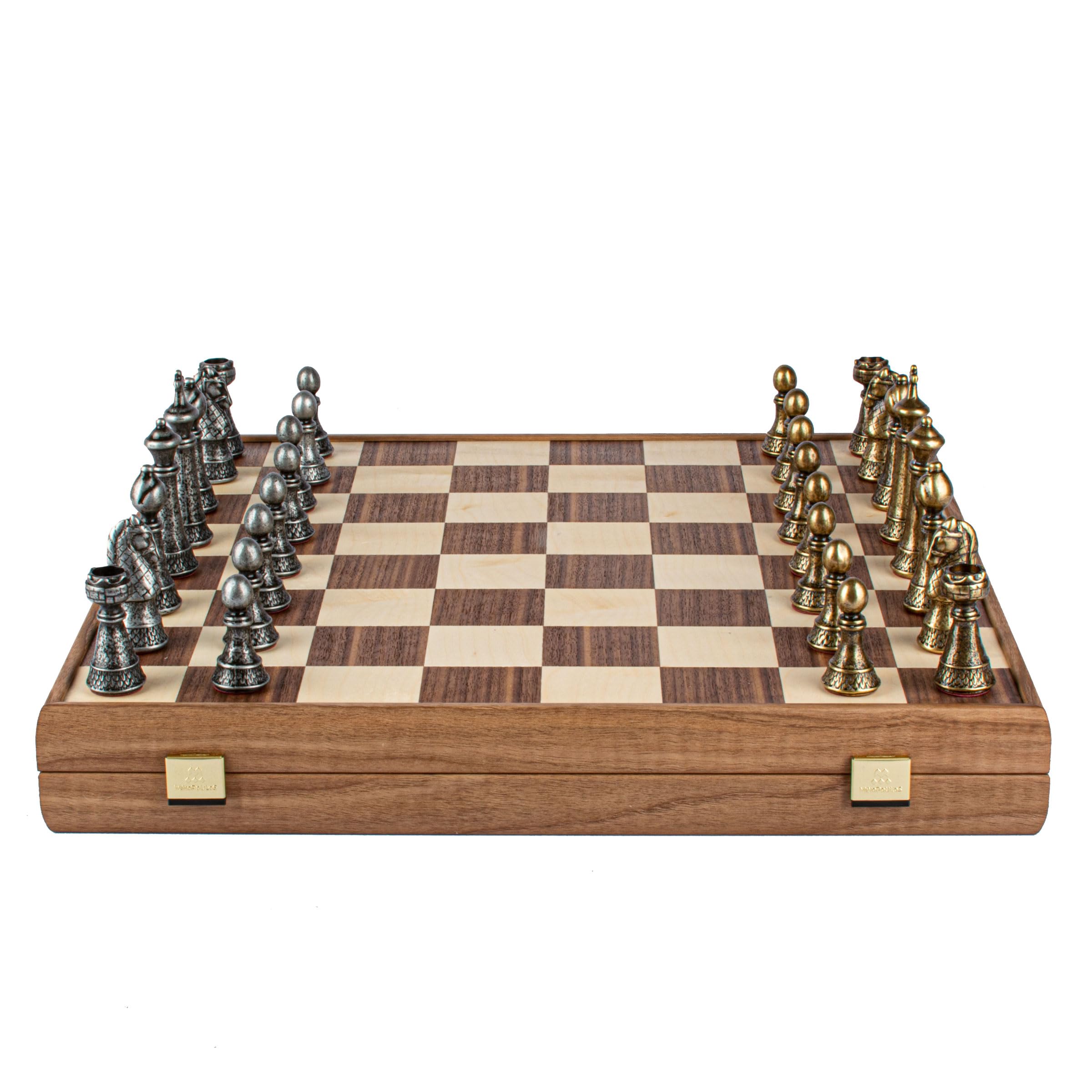 Uber Games Manopoulos – Premium Brass Pewter Staunton Chess set with Walnut Oak chess board & Wooden Storage Box - 18 inches x 18 inches (46cm x 46cm) – Classic Strategy Board Game