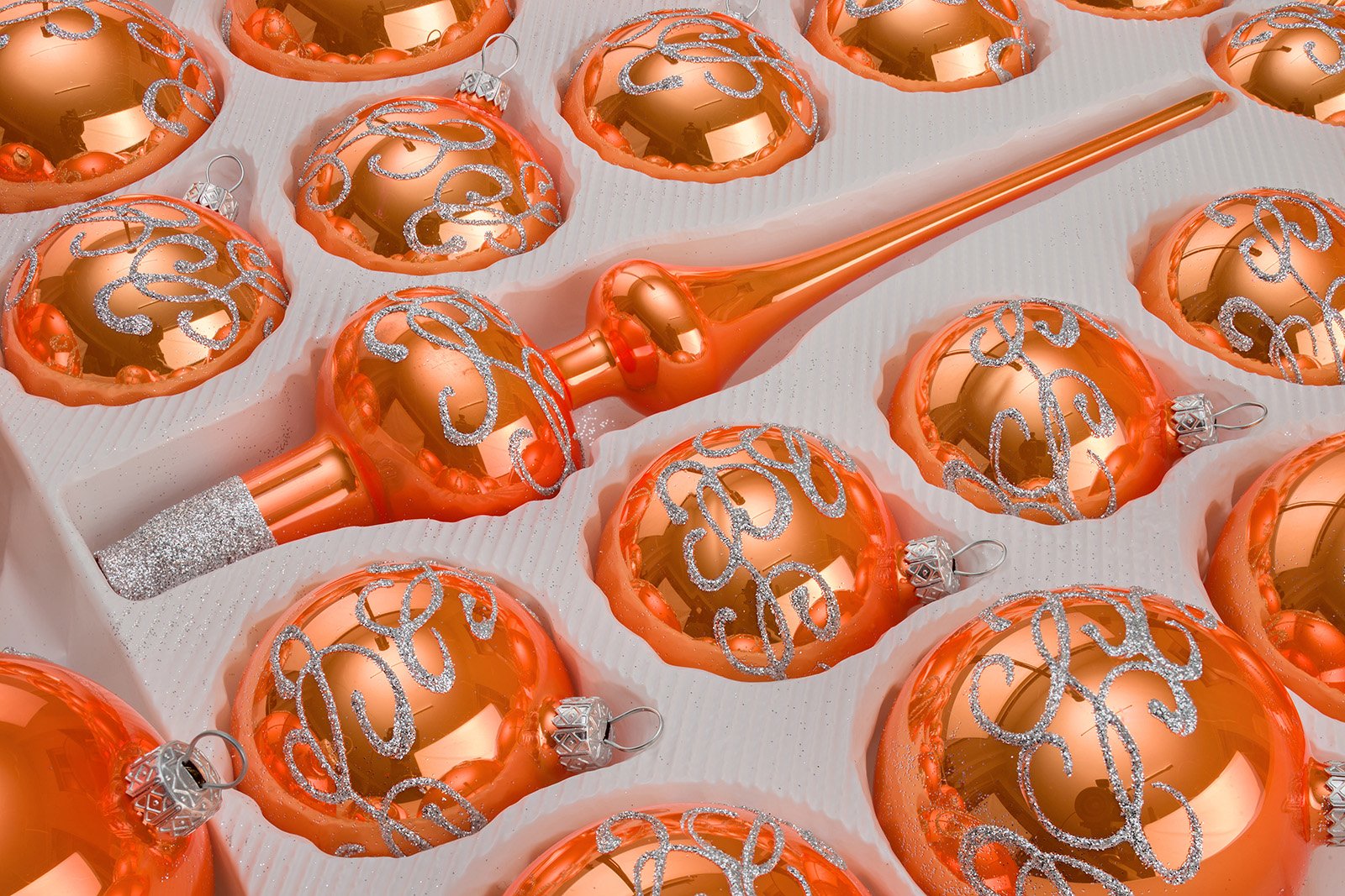 39 tlg. Glas-Weihnachtskugeln Set in "Hochglanz-Orange-Silberne-Ornamente - Christbaumkugeln - Weihnachtsschmuck-Christbaumschmuck