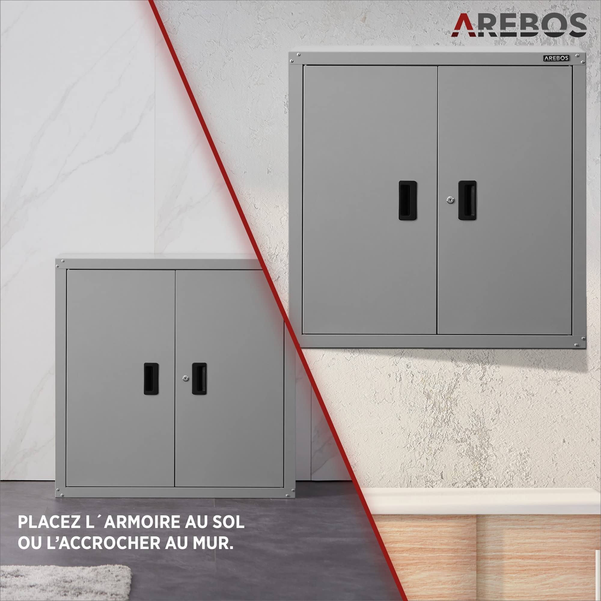 AREBOS Armoire de Bureau en Acier 180×90×40 cm | Meuble de Classement et de Stockage | 2 Étagères Réglables en Hauteur | Armoire à Matériel Robuste | Gris