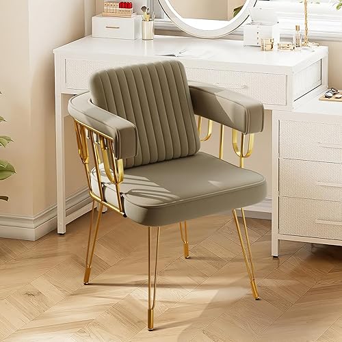 Miniatura 8 de Silla de escritorio sin ruedas, sillas de tocador de maquillaje con base de metal, almohada extra trasera adjunta tapizada de terciopelo para niñas,