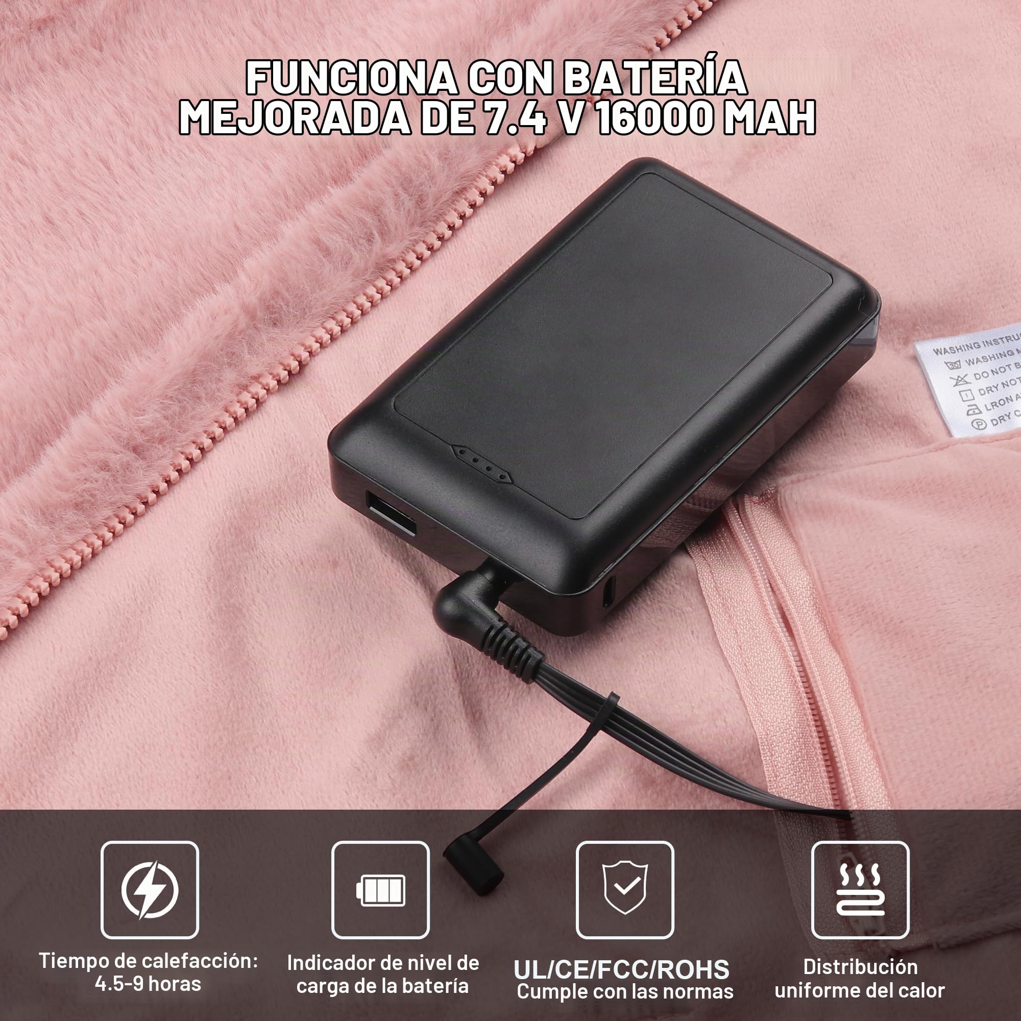 Manta Eléctrica Sin Cables 160x90 cm con Batería 16000 mAh, 6 Zonas de Calor, 3 Niveles de Temperatura, Portátil Franela Chal Calefactable Termica para Hogar, Oficina, Coche y Camping(Rosa)