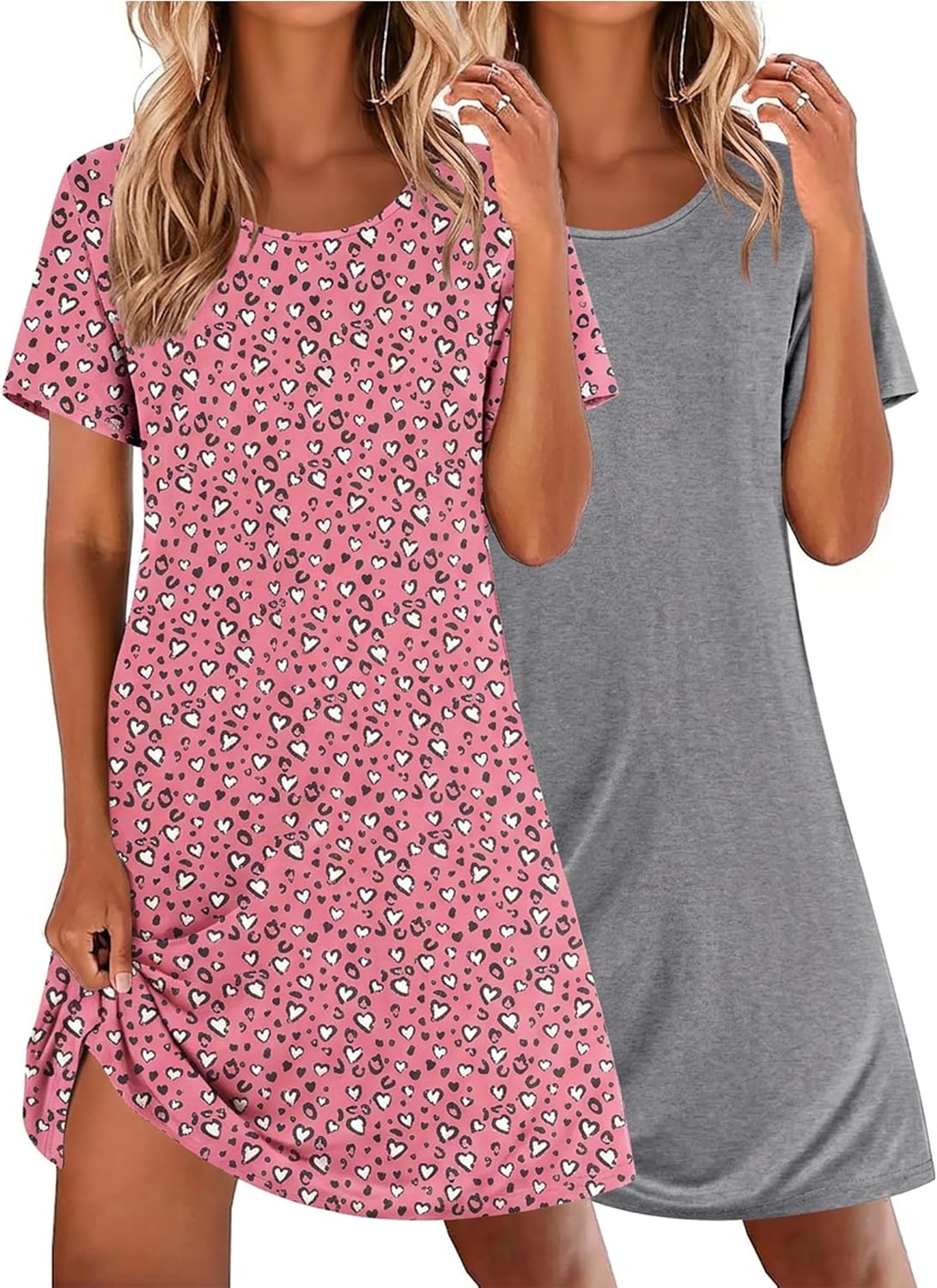 Ekouaer 2 Pack Nightgowns for Women Sleepshirt Short Sleeve Night Shirts Soft Sleep Dress Classic NightDress (Pink Heart+Light Grey, XX-Large)