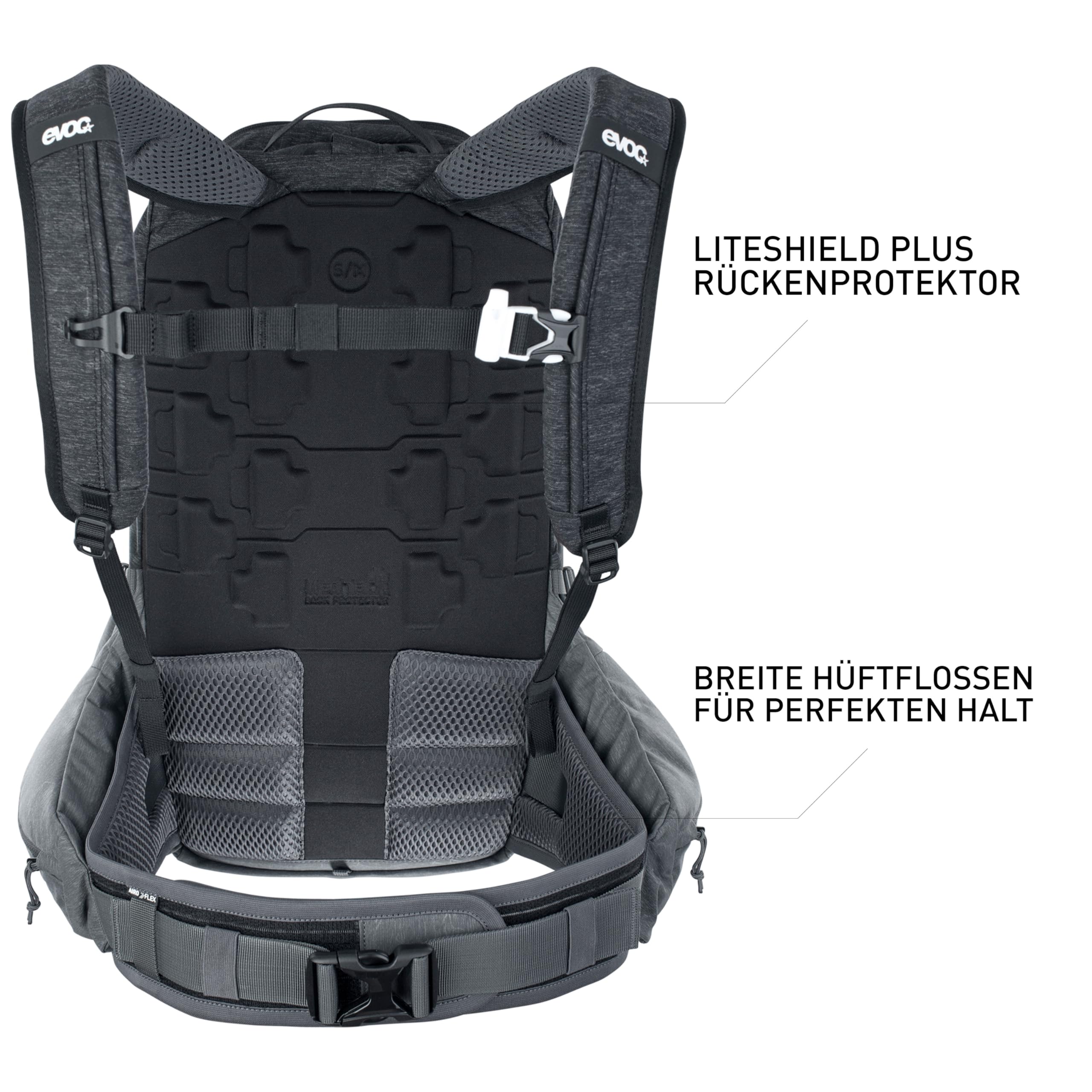 EVOC TRAIL PRO 16l Protektor Rucksack für Tagestouren & Trailriding, Fahrradrucksack (Backpack mit LITESHIELD PLUS Rückenprotektor, 3l Trinkblasenfach, Größe: S/M), Schwarz/Carbon Grau