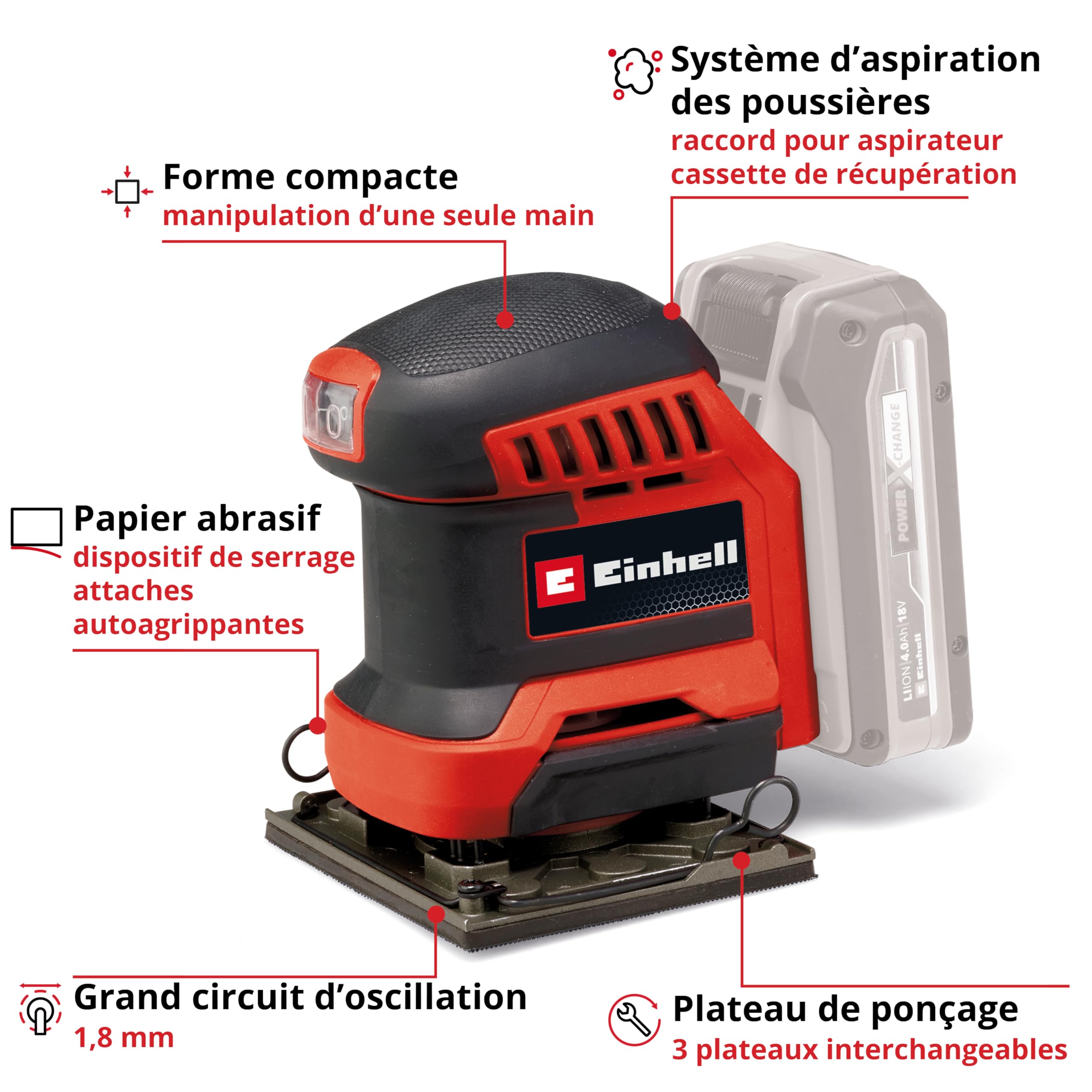 Einhell Ponceuse à main sans fil TE-OS 18/113 3X Li-Solo Power X-Change (18 V, ponceuse vibrante, 3 plateaux interchangeables, circuit d’oscillation de 1,8 mm, avec accessoires, sans batterie)