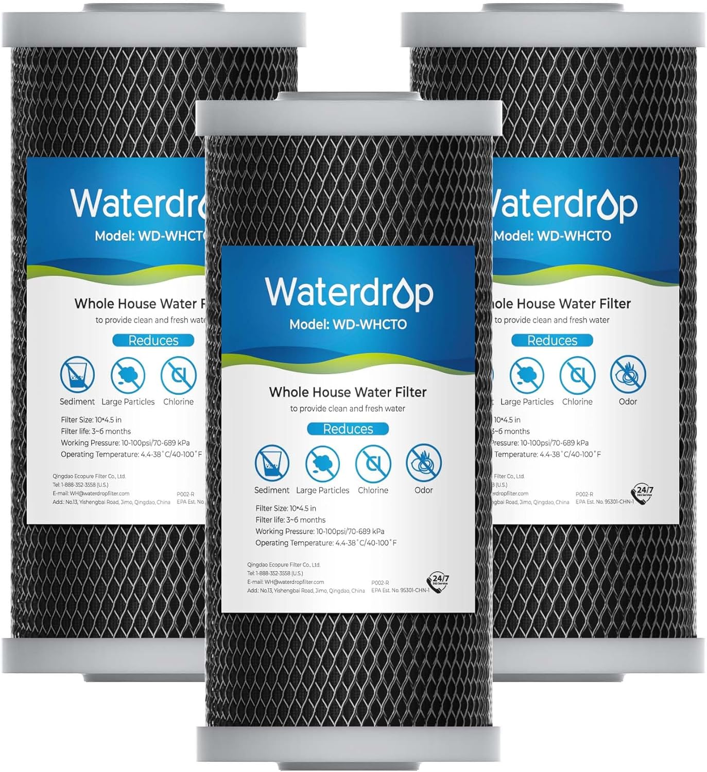 Waterdrop Whole House CTO Carbon Sediment Water Filter Cartridge Replacement for GE® FXHTC, GXWH40L, W10-PR, Culligan® RFC-BBSA,10"X4.5", 5 Micron, 3Pack