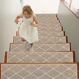 Stair Treads 15 Pack Non Slip Stair Runner 28inX9in Machine Washable Stair Mats 100% Polyester Soft Stair Carpet Treads for Wooden Steps Beige Stair Rugs