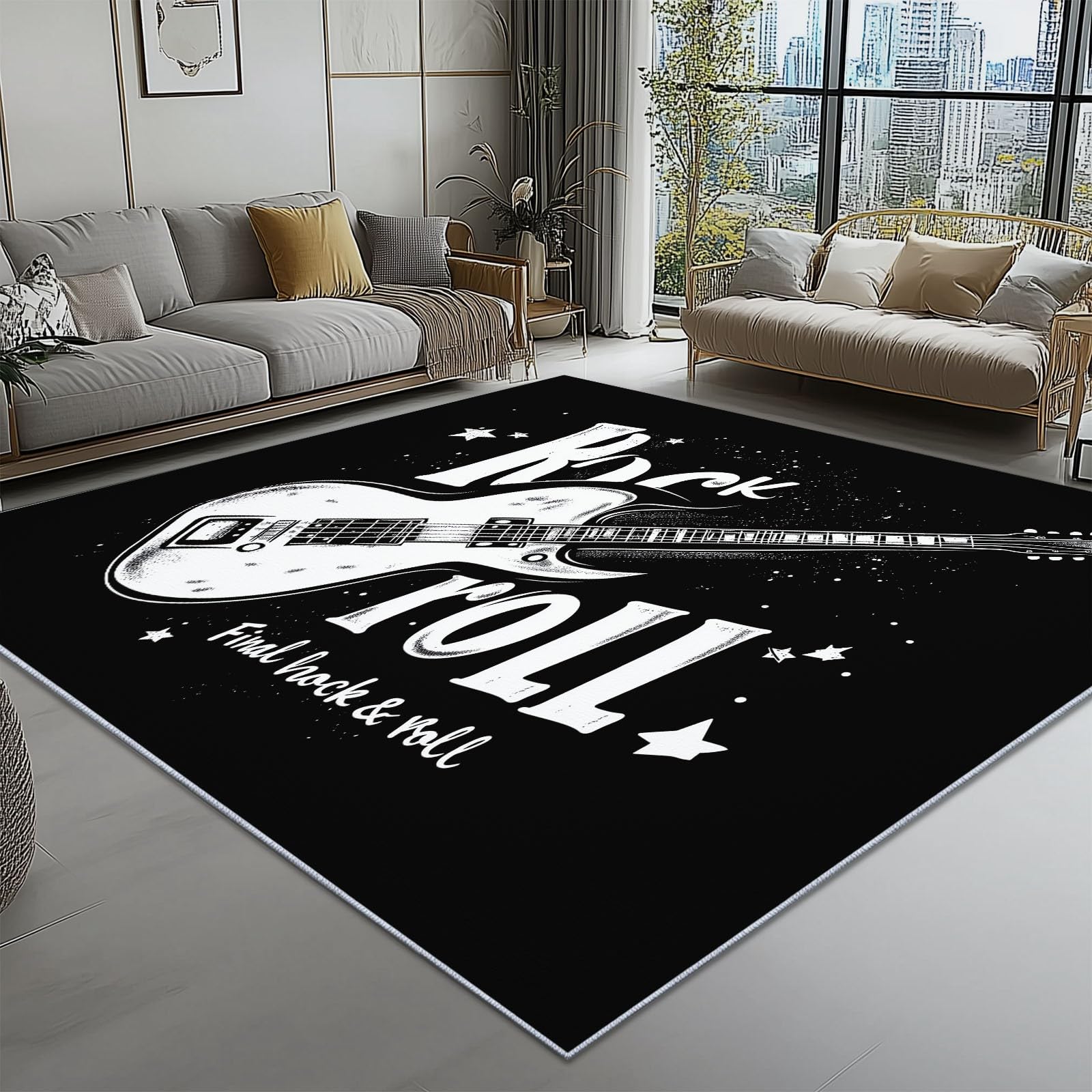 Tappeto Salotto Lavabile Rock Musica Chitarra Tema per la Decorazione Della Casa, Morbido Cashmere Superfine Antiscivolo Tappeto 160 x 230 cm per Camera da Letto Sala, Nero