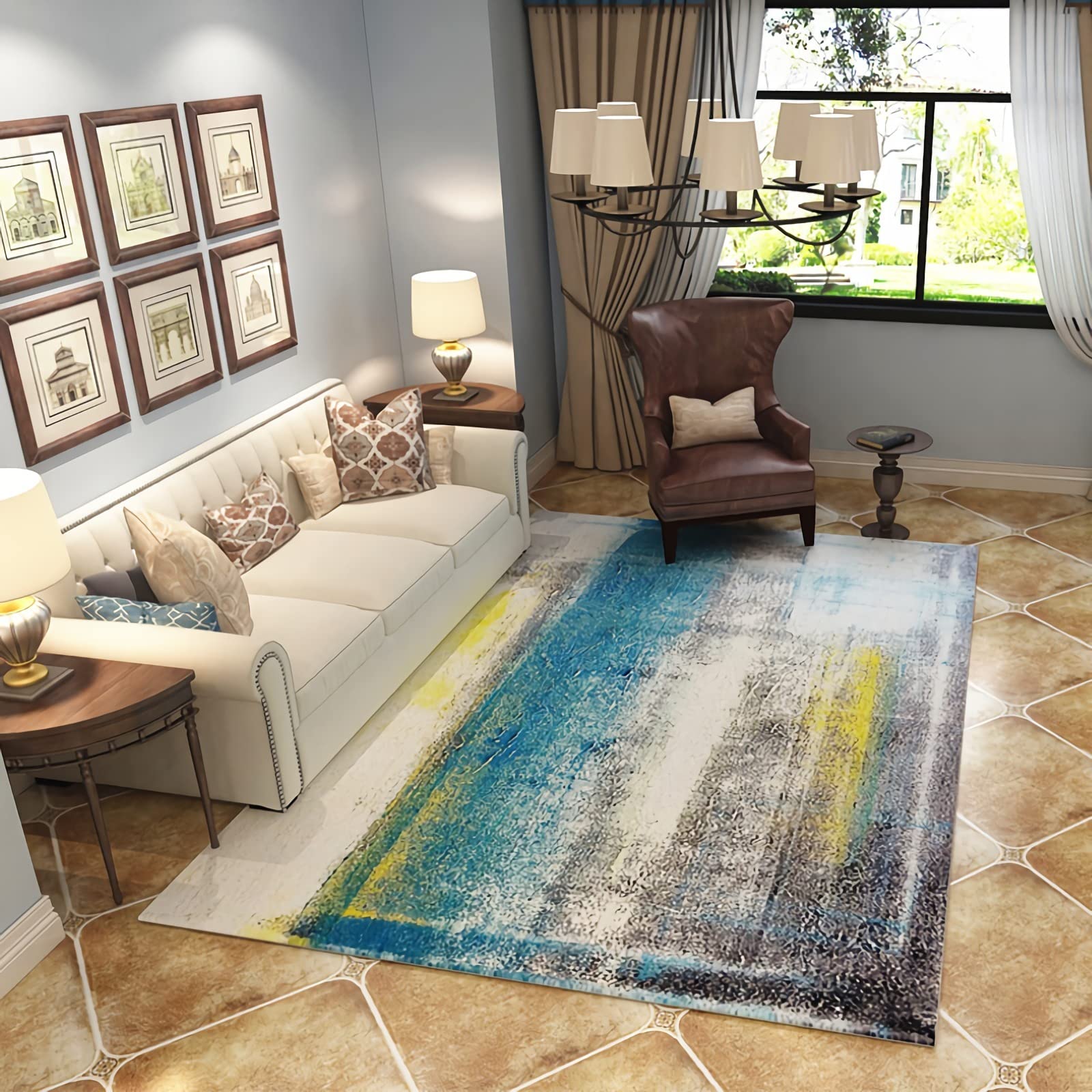 Tapis Tapis Balcon Decoration Maison Tapis de Salon Design Peinture à l'huile Graffiti Encre Bleu Jaune Gris Tapis Chambre ado Garcon 60x120cm