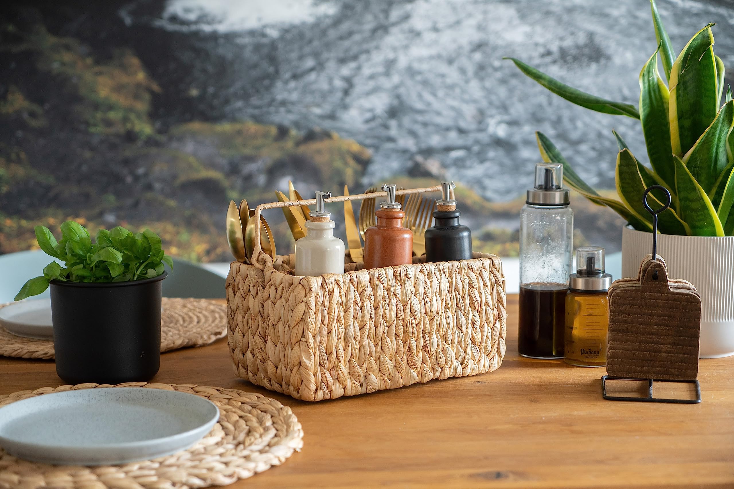 Decorasian Portaposate in giacinto d'acqua, cestino per posate intrecciato, per il tavolo, per posate e utensili, con pratico manico, DA-B0058