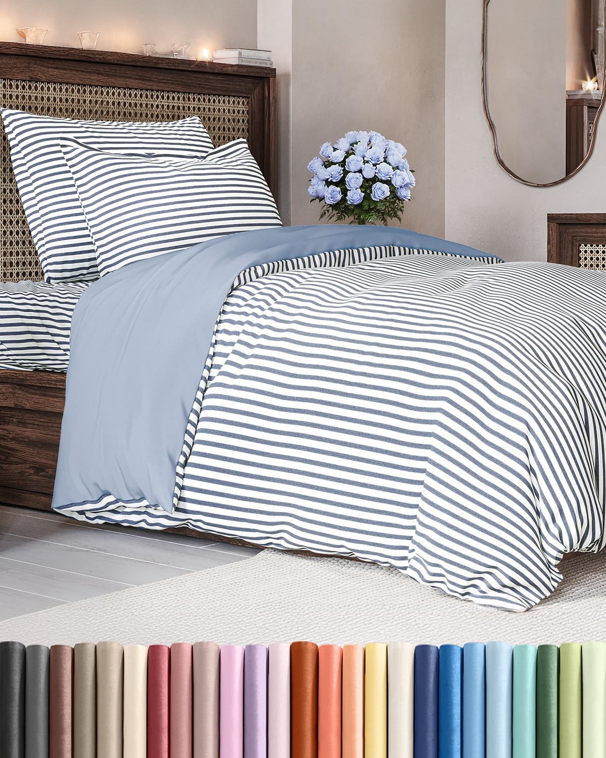 Duvet Cover Twin/Twin XL Size - Extra Soft Twin/Twin XL Size Duvet Cover - Lightweight, Breathable & Cozy w/Zipper Closures and Ties - 68" x 90" Inches - (Blue Stripes 2) Comforter Not Included