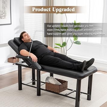Professional Massage Bed Stationary Adjustable Massage Table Spa Bed 73 x27.5 Physical Therapy Table with Memory Foam Salon Bed w/Removable Headrest (Black with Armrest)