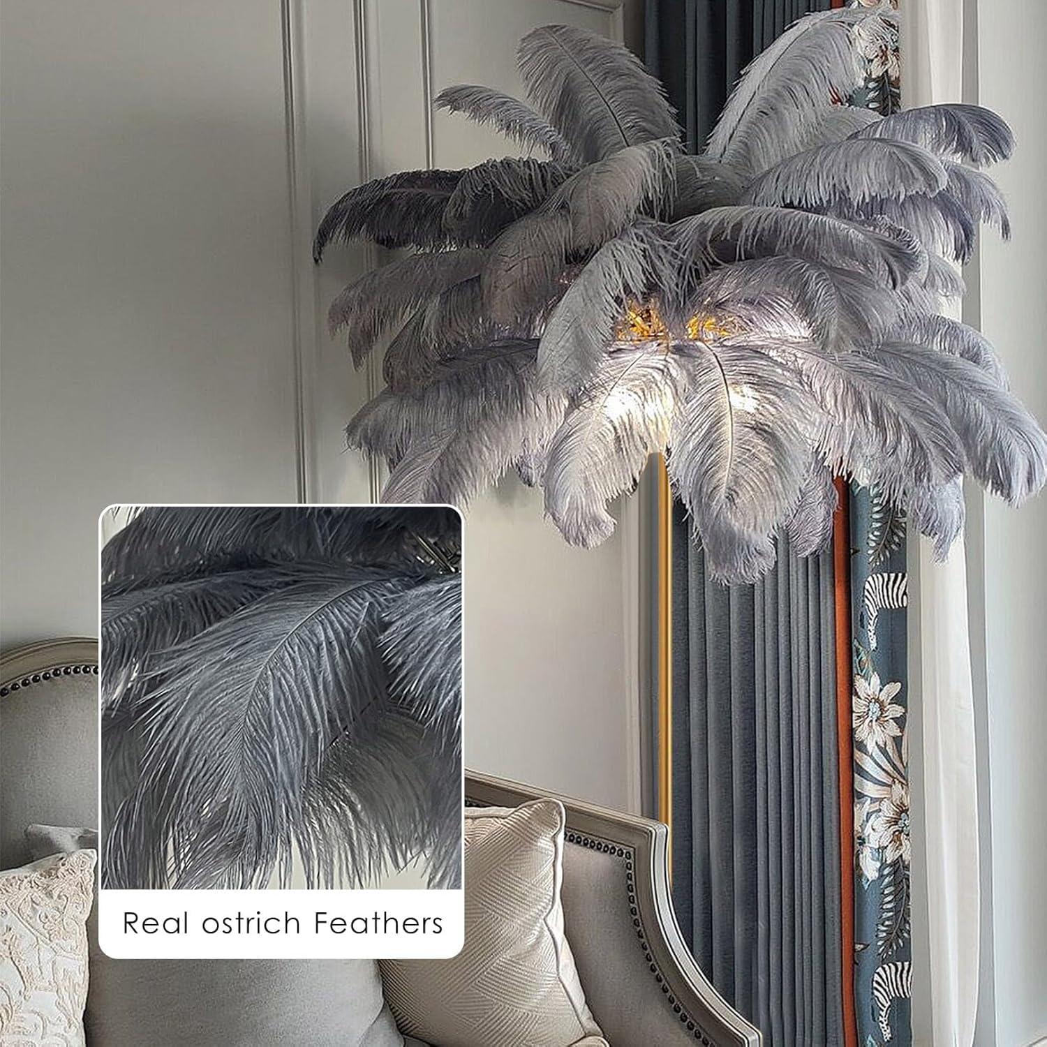 Nowoczesna lampa podłogowa z piórami - złoty elegancki design, 3-kolorowa ściemniana dioda LED, do salonu i sypialni, ze sterowaniem dotykowym