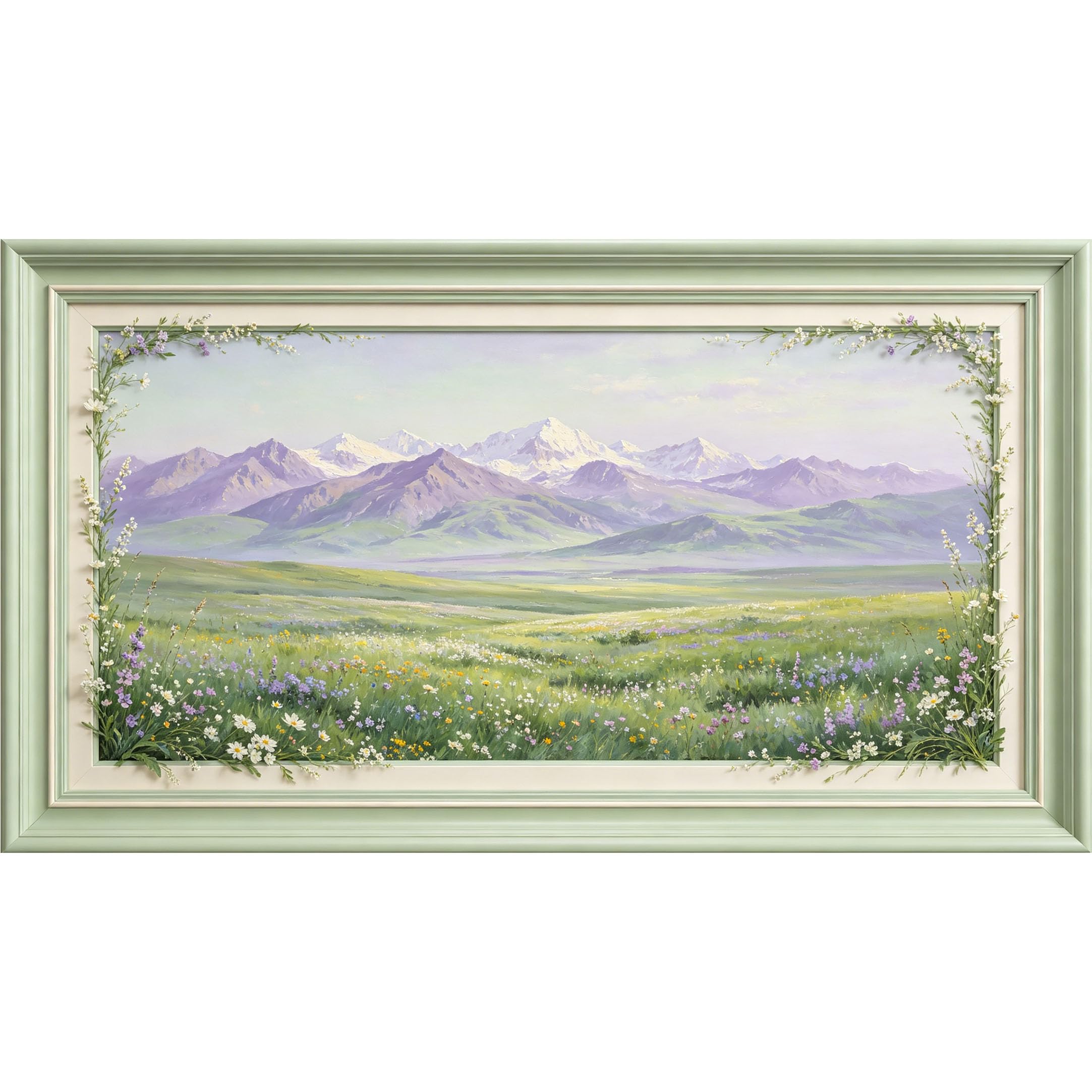 QZLITHOTIC 50x90cm3D Framed Wall Art， Mountain Meadow Landscape Self‑Adhesive Mural， Water‑Activated Peel & Stick Fabric Decor Wall Decal for Bedroom Living Room