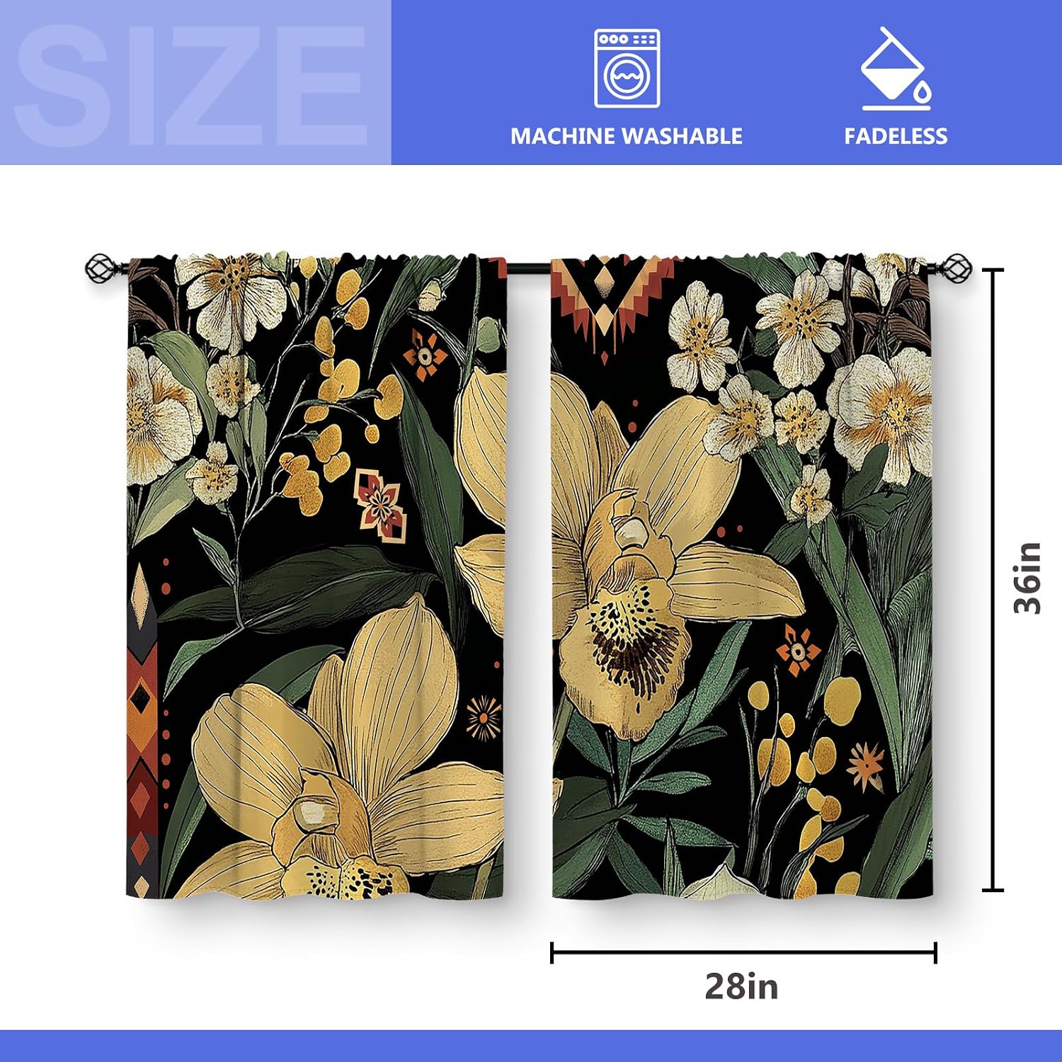 Aimego Boho Floral Kitchen Curtains - Rustic Small Short Cafe Tier Curtains for Living Room Rod Pocket Window Drapes 36 Inch Length 2 Panels Set 28"x36"