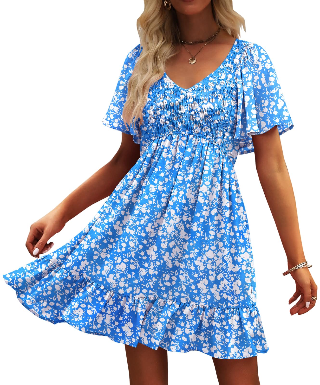 UEAL Womens Cute Floral Smocked V Neck Flutter Sleeve Sundress with Pockets Casual Spring Summer Dresses for Women 2026