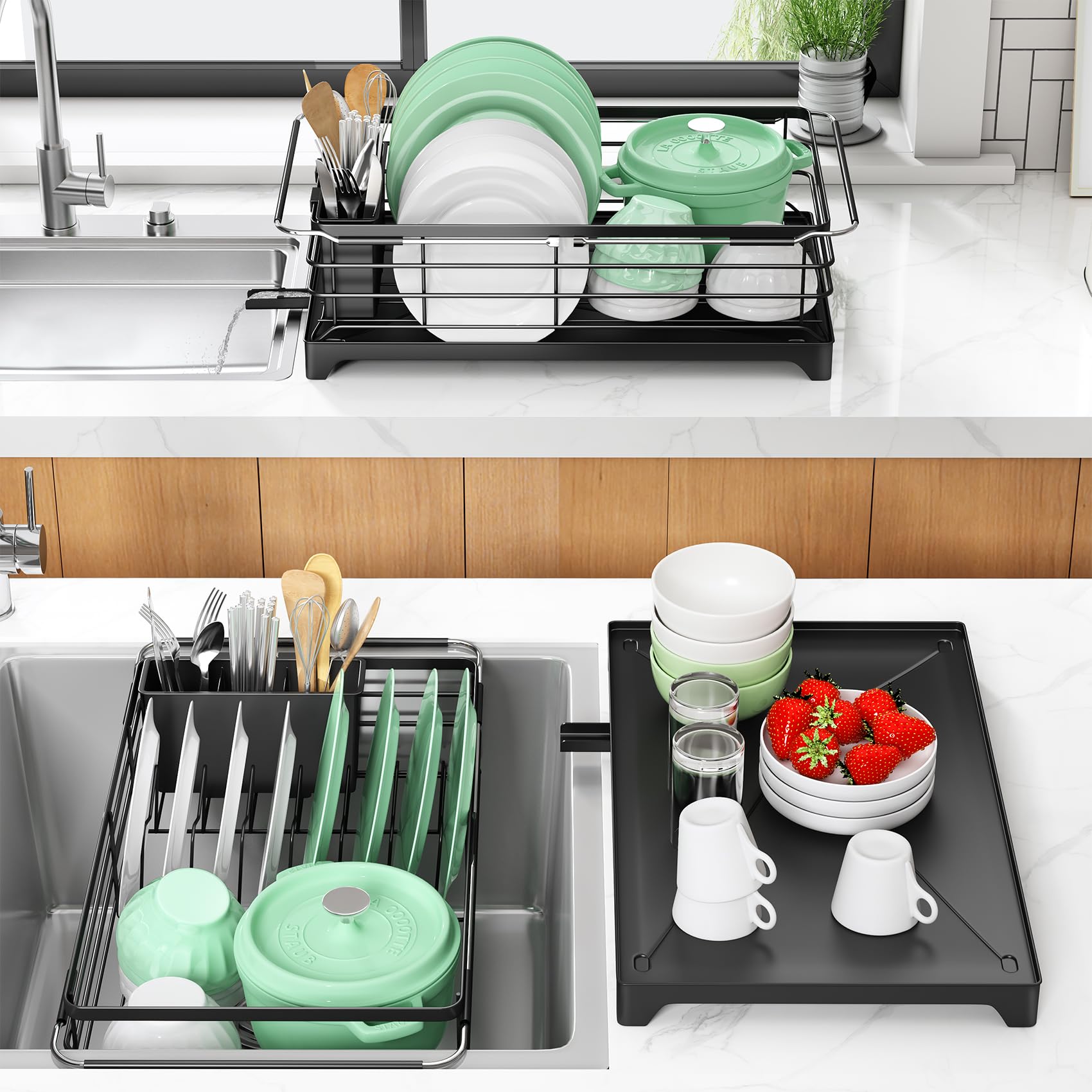 Dish Drying Rack in Sink Stainless Steel Dish Racks for Kitchen Counter Expandable Dish Drainer with Removable Utensil Holder Black