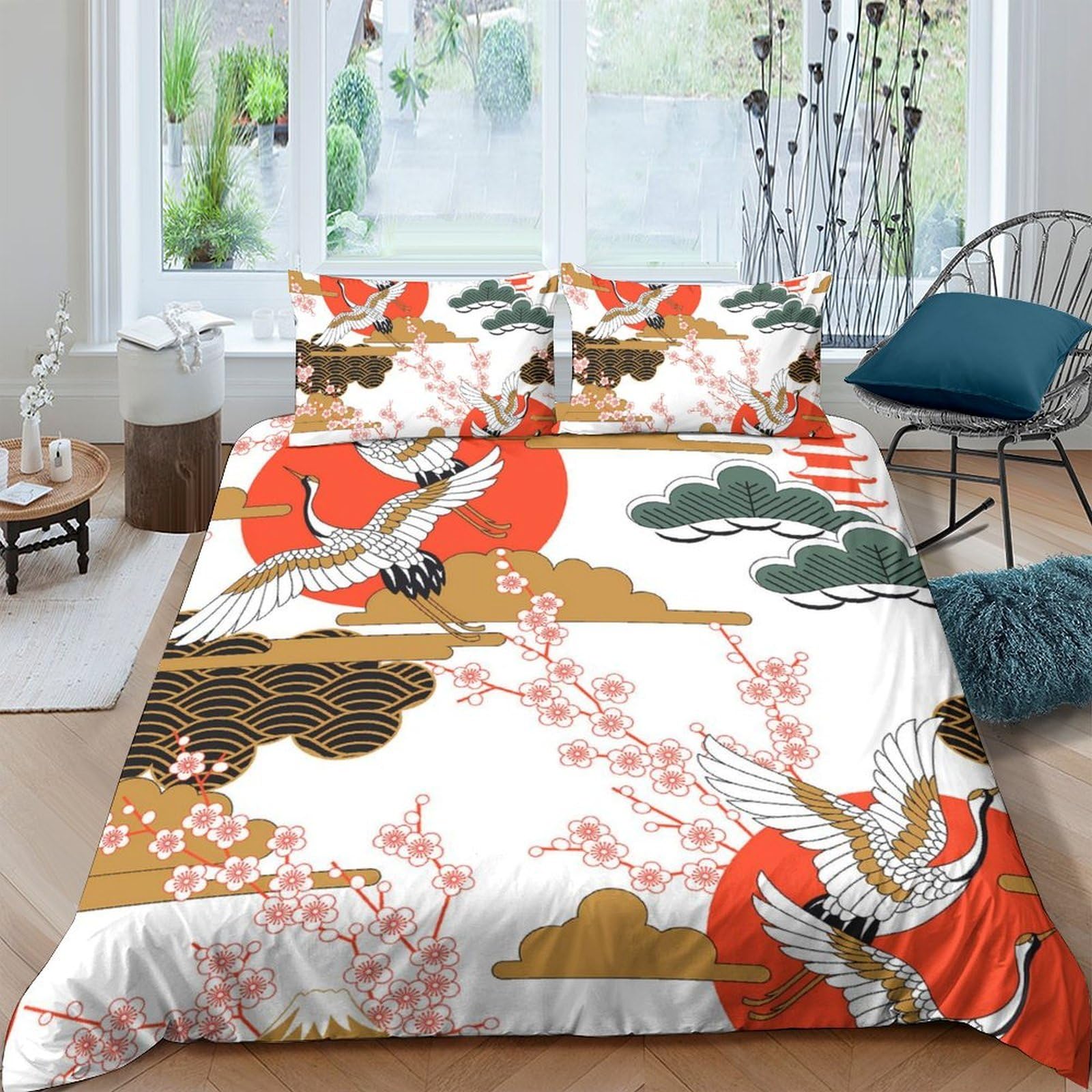 Ctjqhvkz Style-3 3D Printed Japanese Crane Fitted Sheet Microfiber Soft Red Sakura Bed Cover For Bedroom Guest Room Decor Single（135X200cm）
