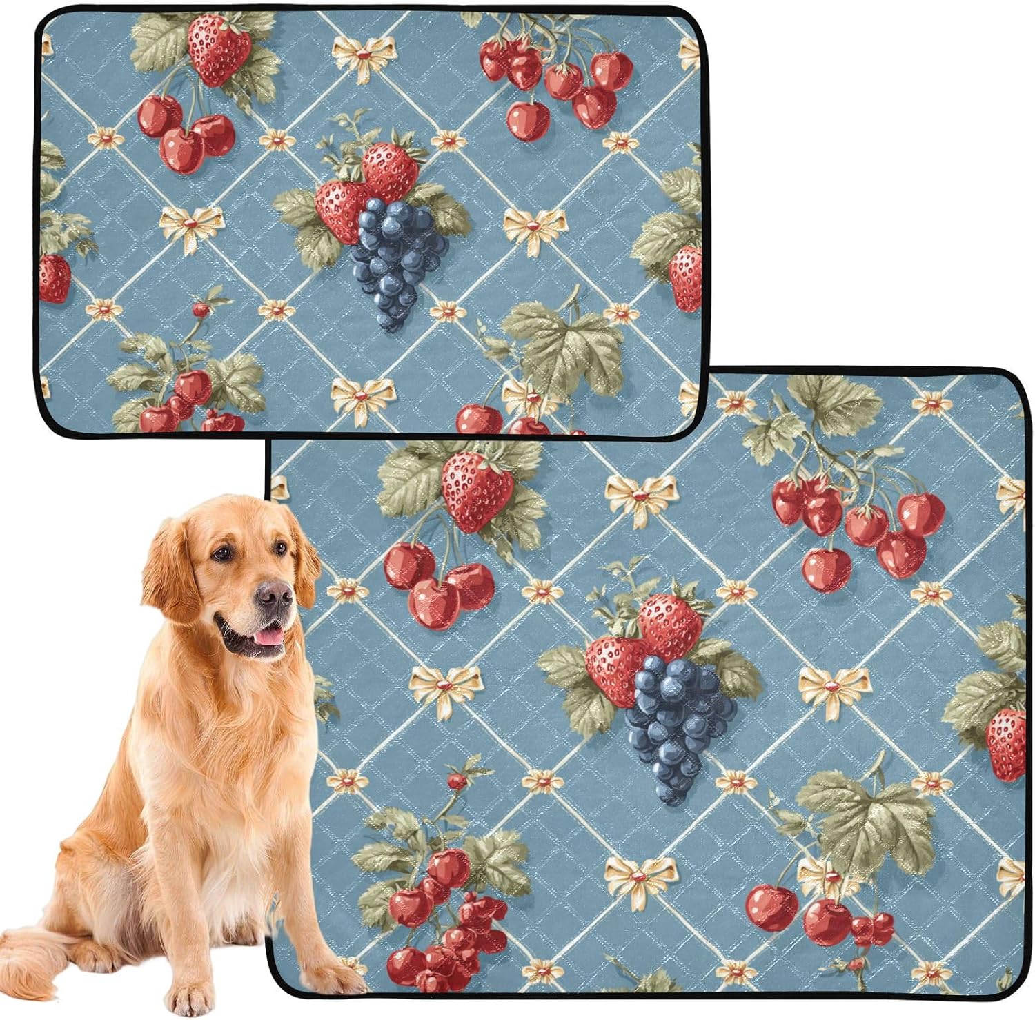 Blue Vintage Grid Strawberry Cherry Washable Pee Pads for Dogs Reusable Puppy Pad 3Pack Super Absorbent Non Slip Lightweight Protect Small Pet Pads Couch Playpen Housebreaking 20x24in