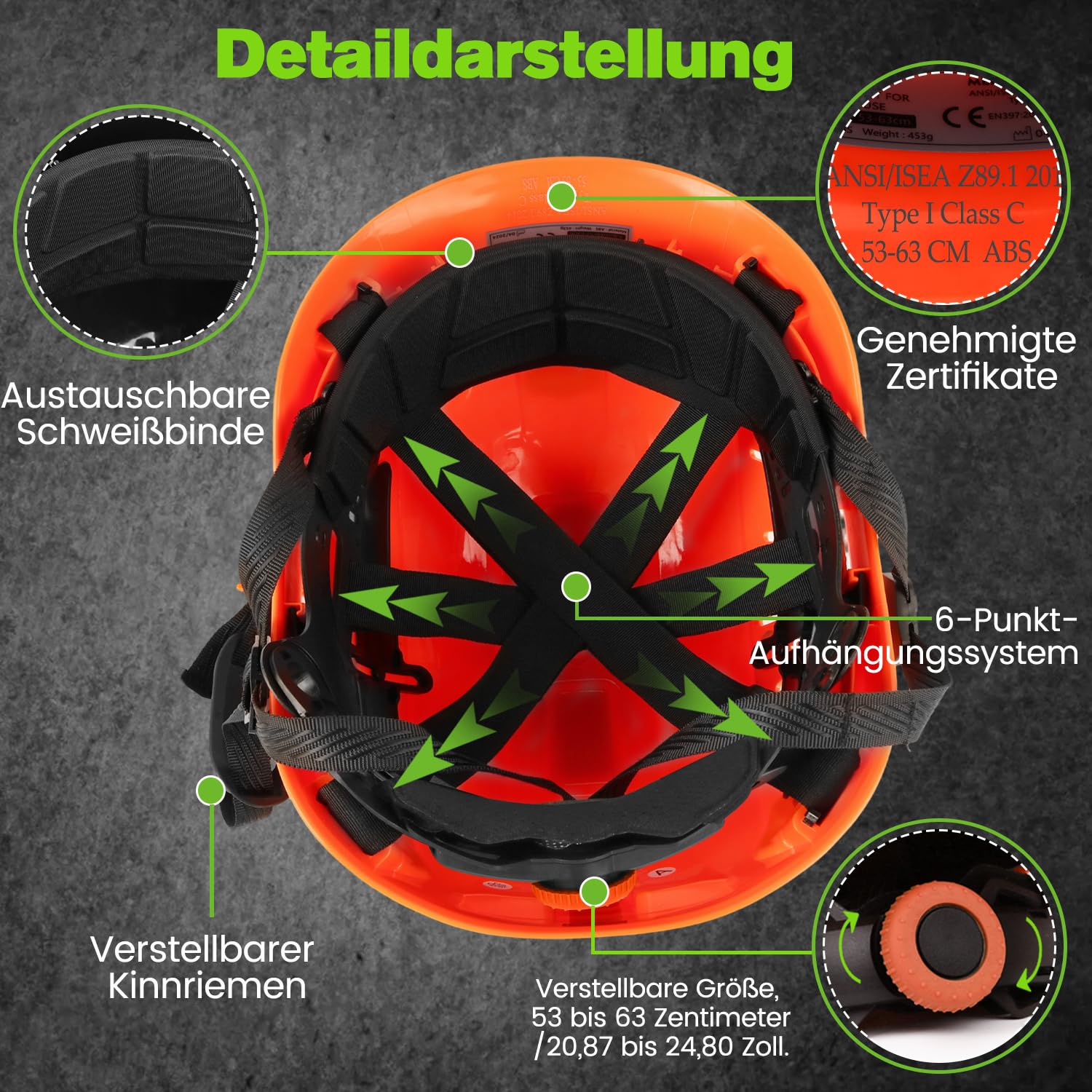 GREEN DEVIL Mervex Vent Set - EN397 zertifizierter Arbeitshelm für BAU & Industrie, 6-Punkt Aufhängung + Helmleuchte mit Bewegungssensor