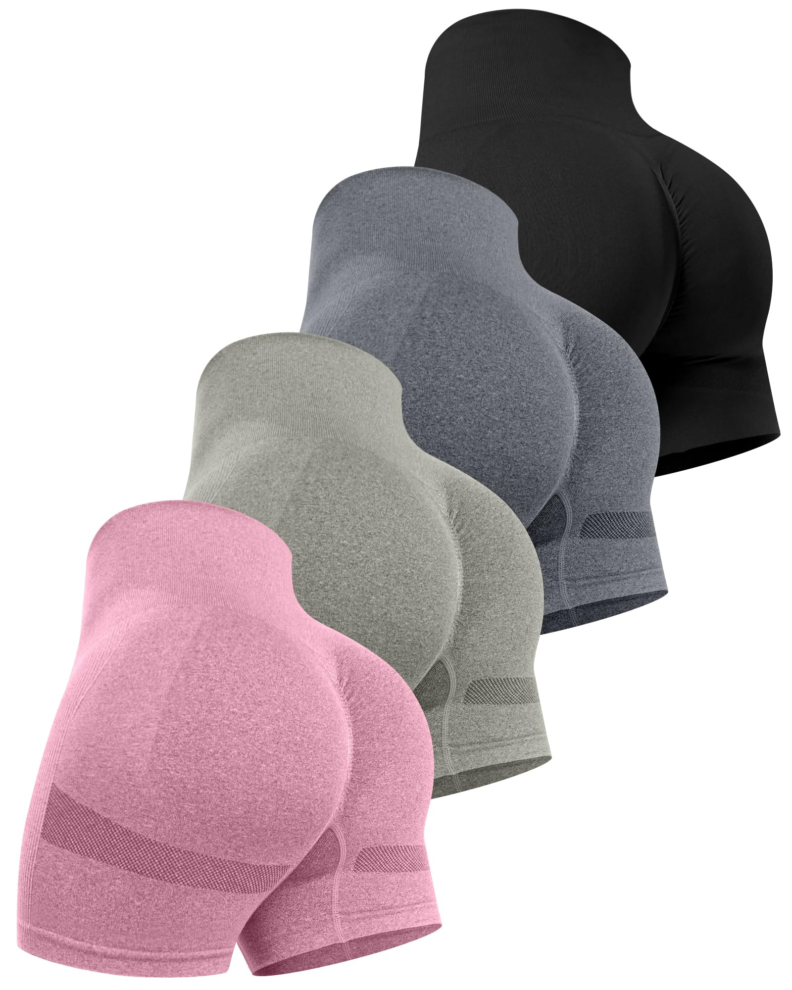 CHRLEISURE 4 Pack Women Workout Shorts High Waist Butt Lifting Scrunch Butt Seamless Booty Shorts, 4 packs (black, dark 