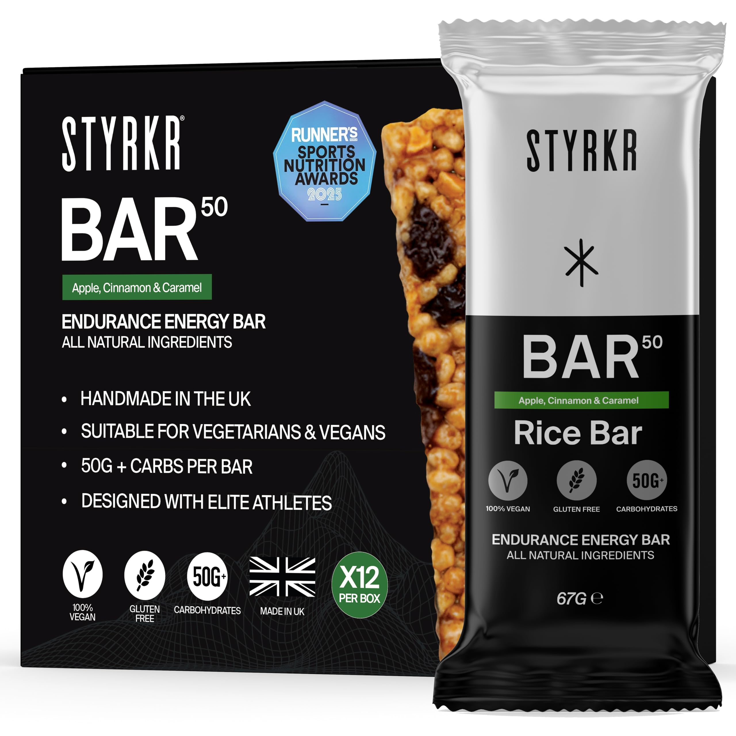 Energy Bars by Styrkr - Pack of 12 Rice Bars for Cycling & Running - Apple, Cinnamon & Caramel Flavour - Approved by Endurance Athletes - 50g of Carbs via Advanced Dual-Carb Formulation - BAR50-12x