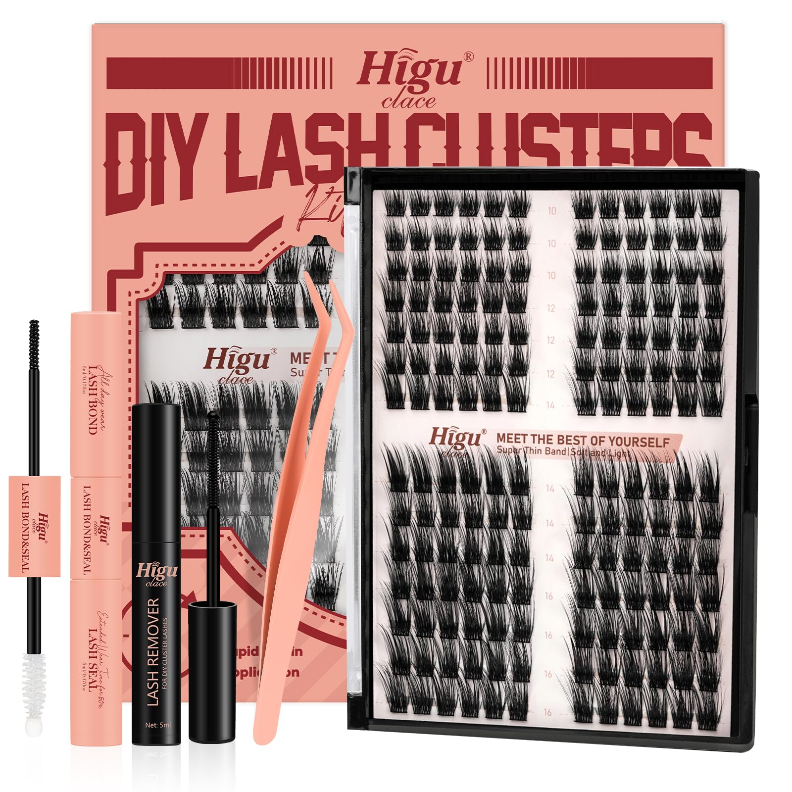 Higu clace Lash-Clusters-Kit, 168Pcs DIY-with Wispy Cluster Lashes, Bond and Seal, Applicator Tools, Cluster Remover for DIY Clusters at Home (WL04 10-16mm)